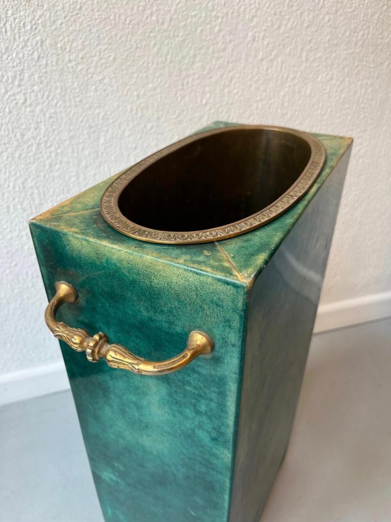 Vintage Green Goatskin & Brass Umbrella Stands by Aldo Tura, Italy ca. 1960s In Good Condition In Geneva, CH