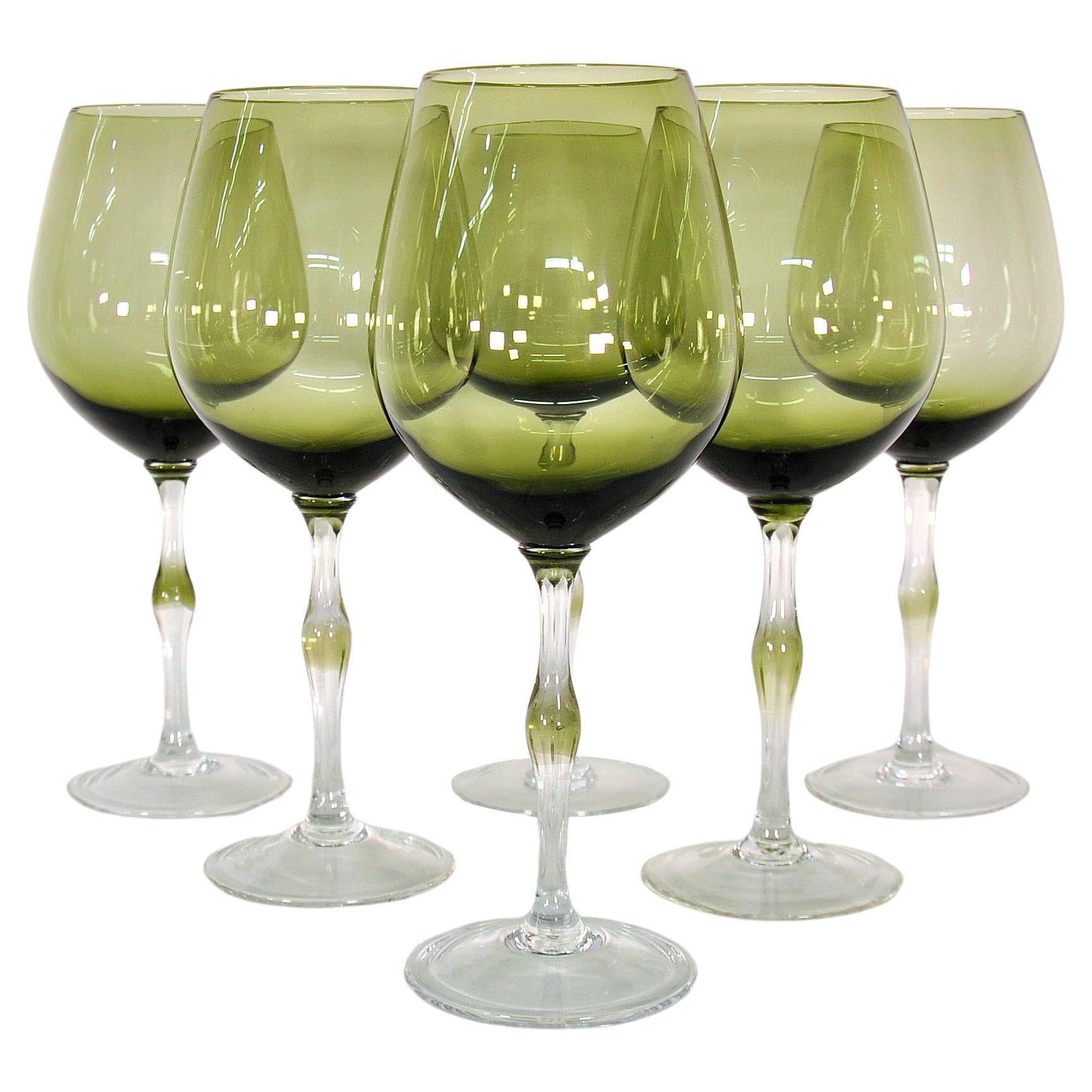 Vintage Green Hand-Blown Glass Wine Glasses - Set of 6