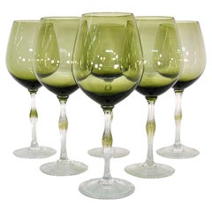Vintage Green Hand-Blown Glass Wine Glasses - Set of 6