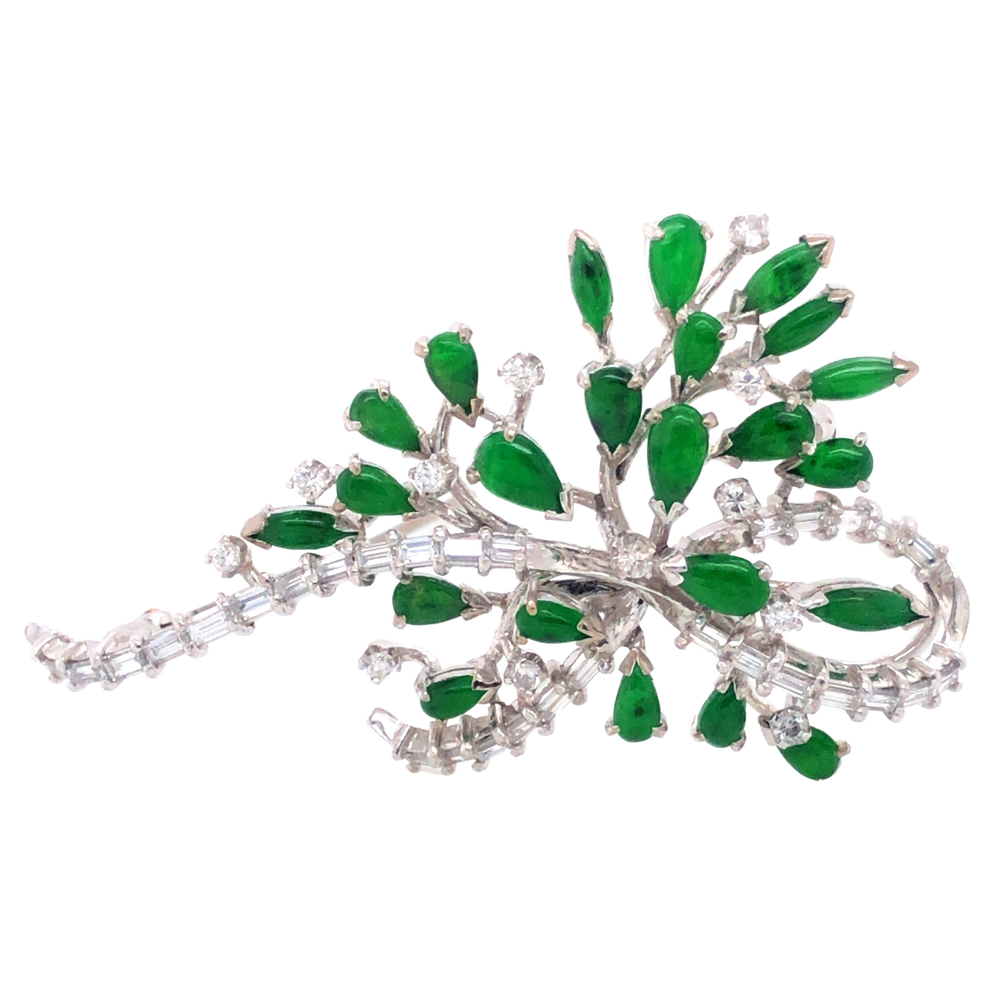 Vintage Green Imperial Jadeite Jade and Diamond Brooch in 14k White Gold