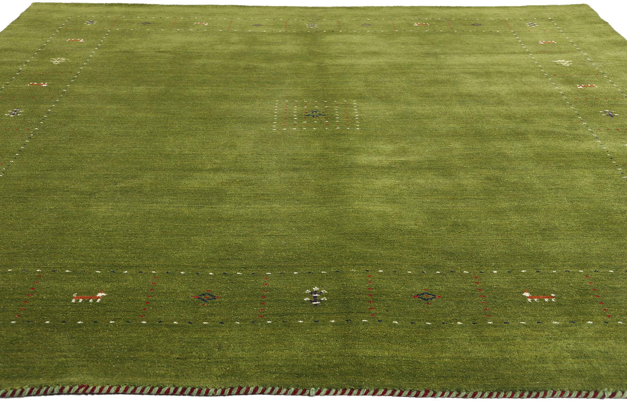 Hand-Knotted Vintage Green Indian Gabbeh Carpet with Modern Style For Sale