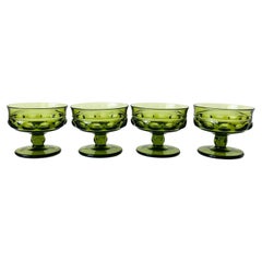 Retro Green Indiana Glass Kings Crown Coupe Glasses, Set of 4