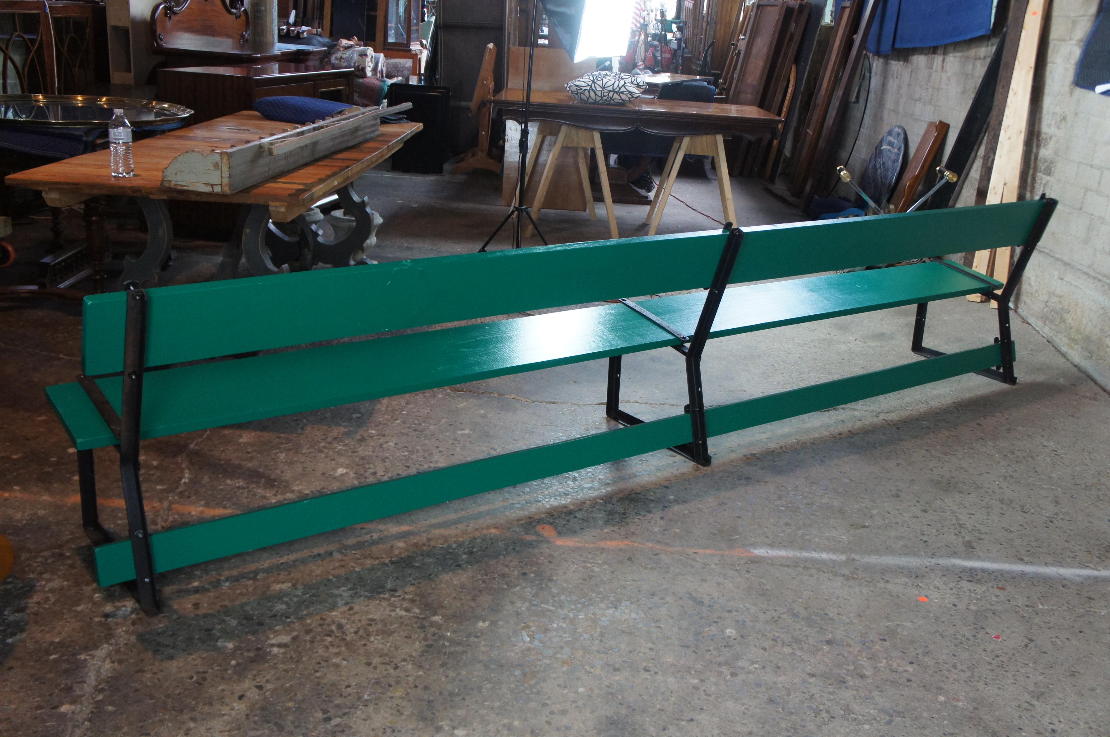 Vintage Green Industrial Bleacher Bench Seat Pew Yellow Pine and Iron In Good Condition In Dayton, OH