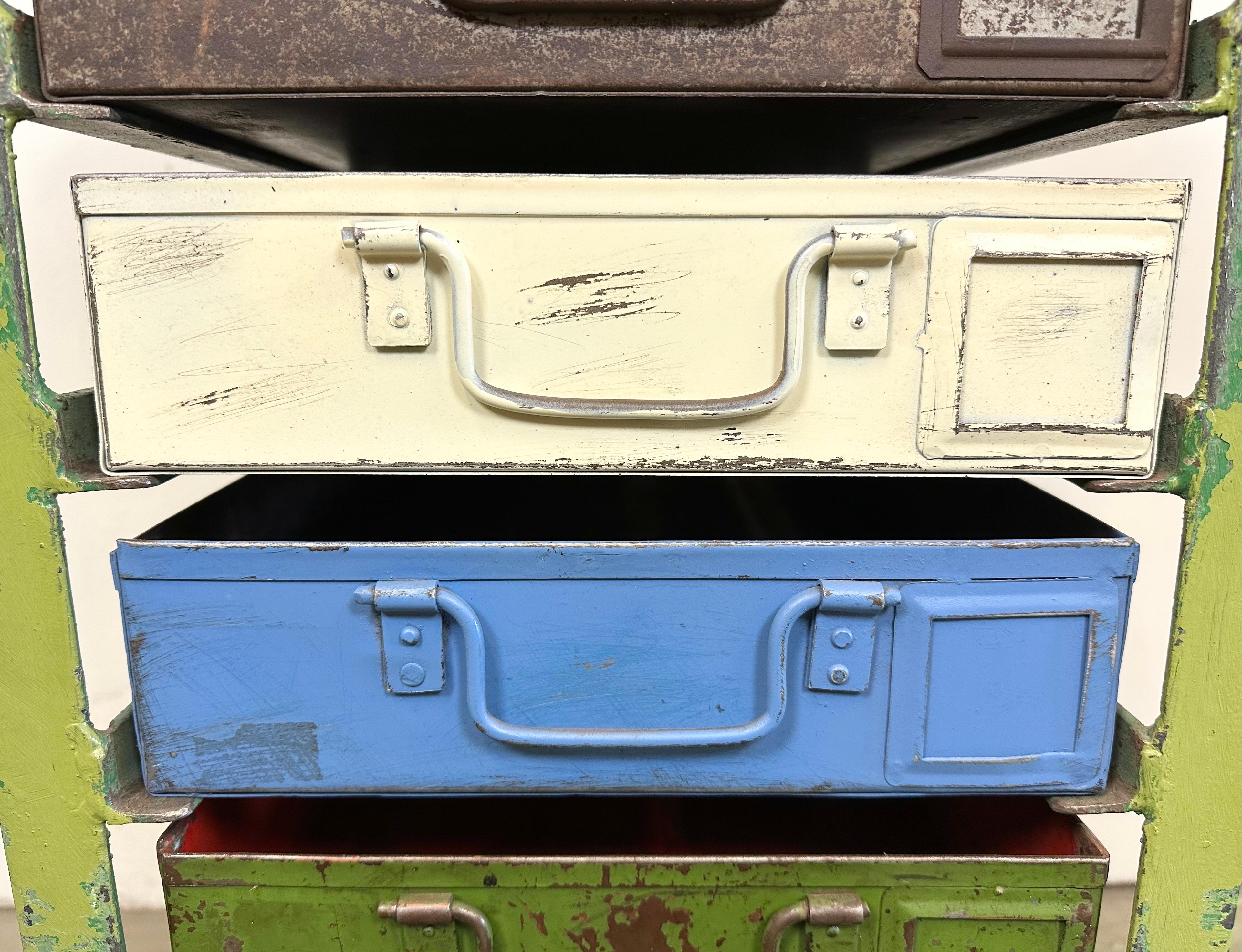 Vintage Green Industrial Iron Chest of Drawers on Wheels, 1950s 8