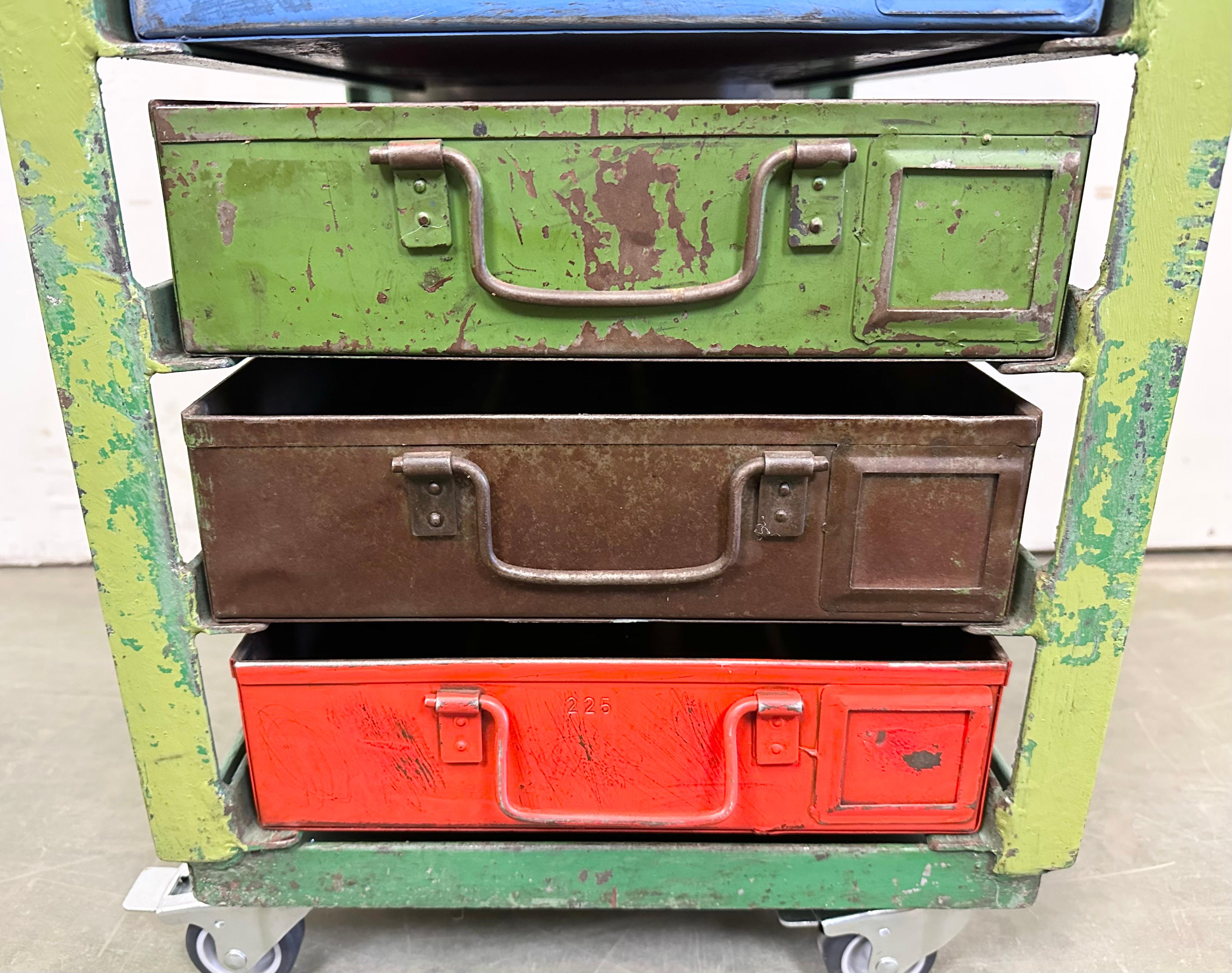 Vintage Green Industrial Iron Chest of Drawers on Wheels, 1950s For Sale 9