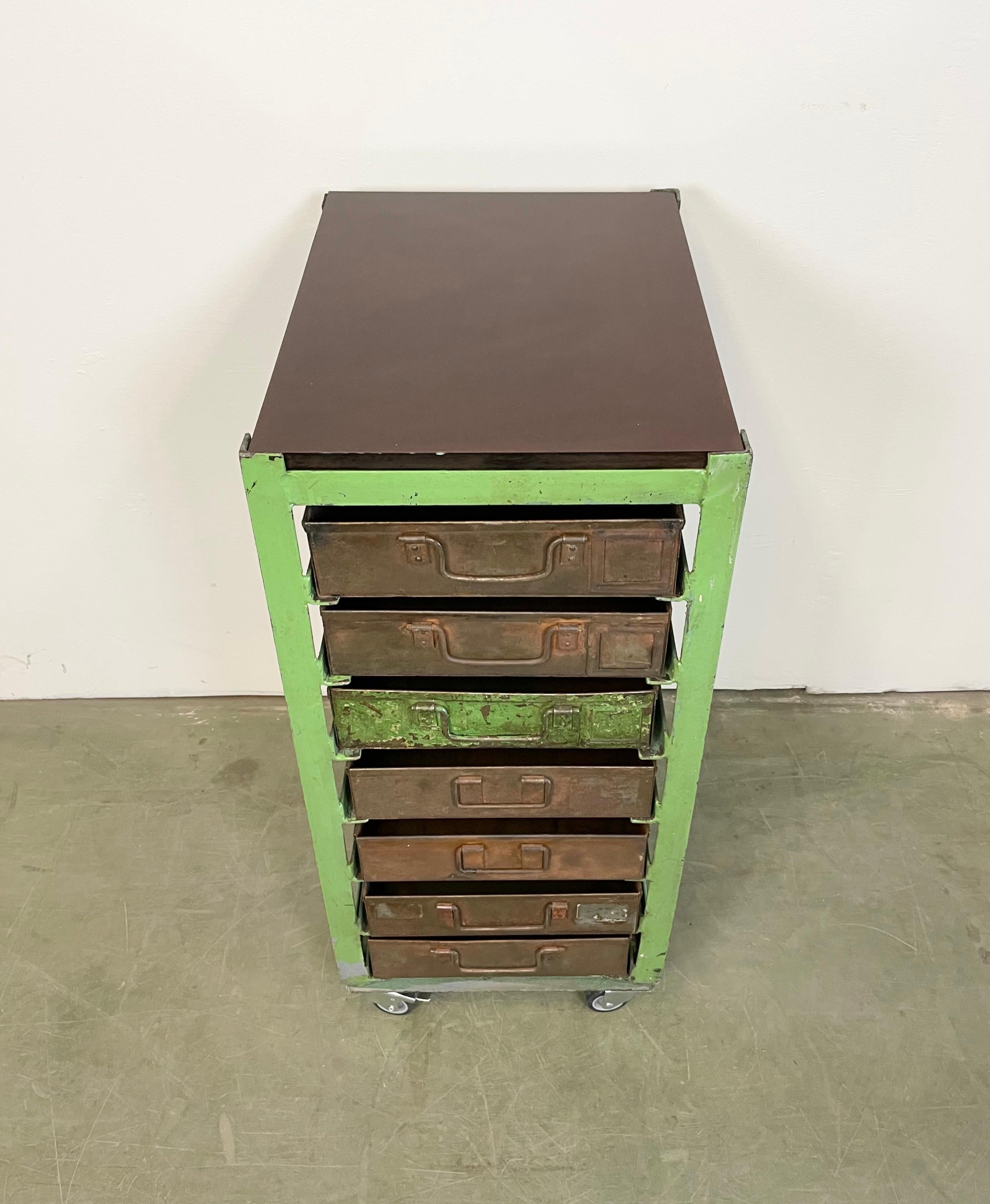 This vintage Industrial iron chest of drawers was made during the 1950s. It features an iron construction and 7 metal drawers. Additional dimensions: 
Drawer dimensions :- Width 28 cm, depth 44 cm, height 8 cm 
- Weight: 37 kg.
