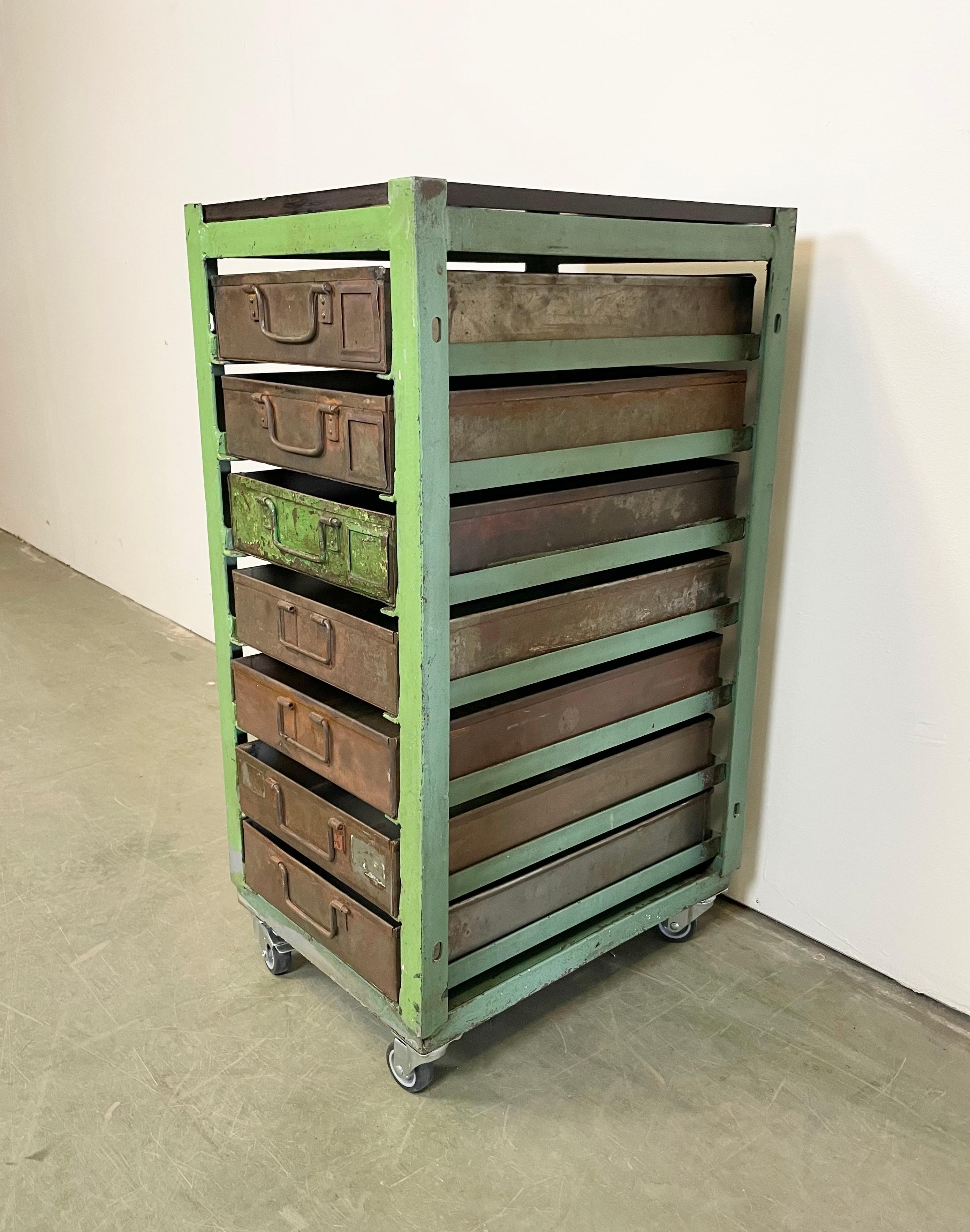 Czech Vintage Green Industrial Iron Chest of Drawers on Wheels, 1950s
