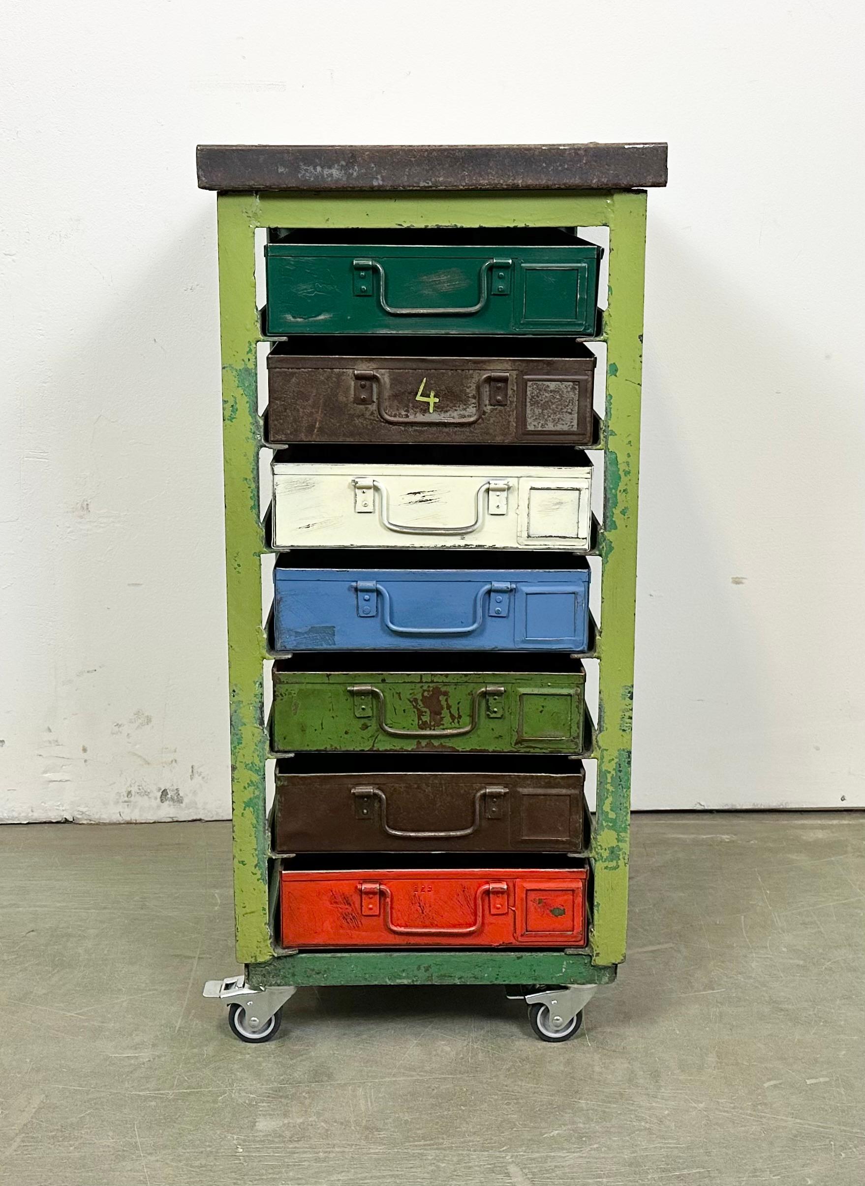 Czech Vintage Green Industrial Iron Chest of Drawers on Wheels, 1950s For Sale
