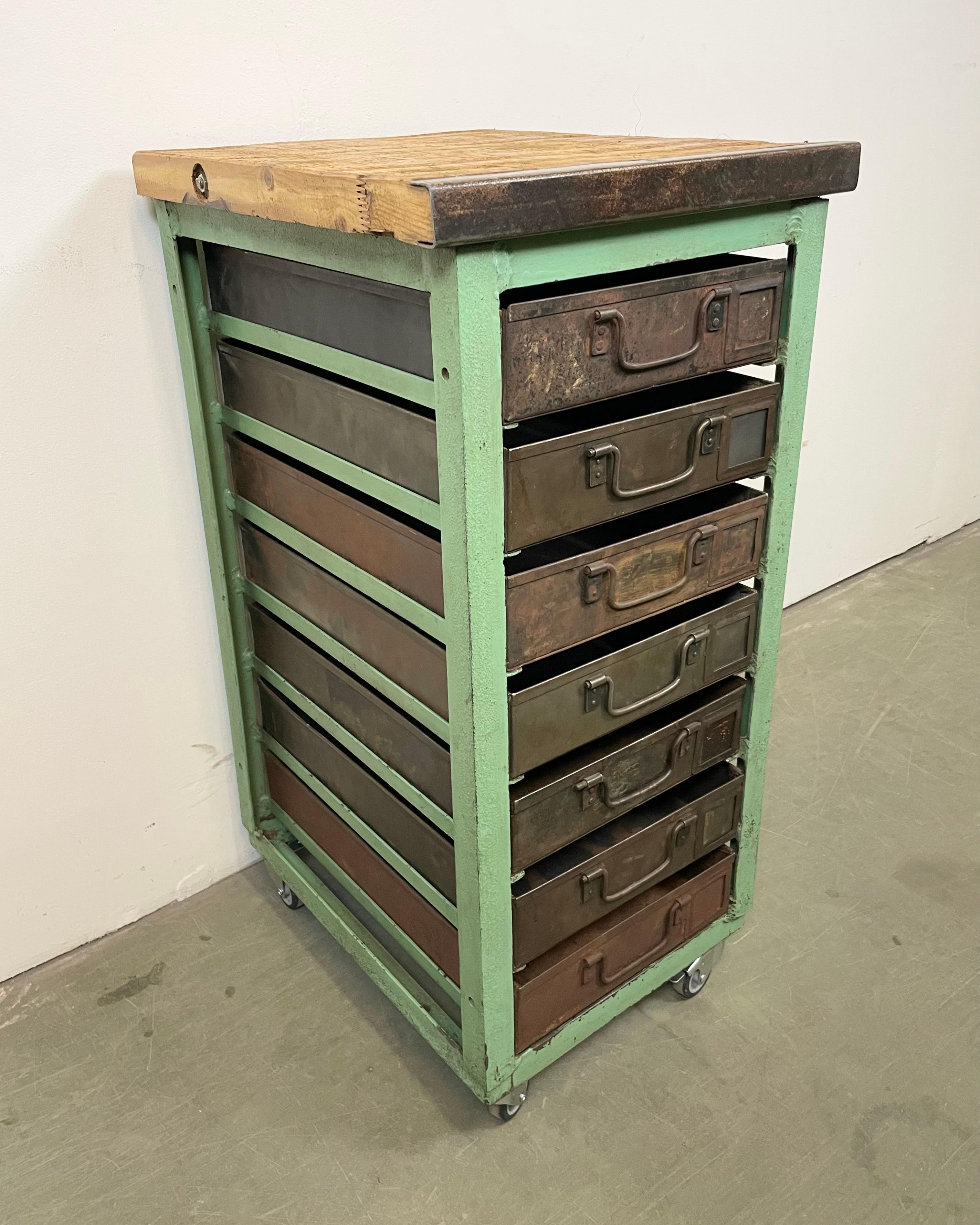 20th Century Vintage Green Industrial Iron Chest of Drawers on Wheels, 1950s