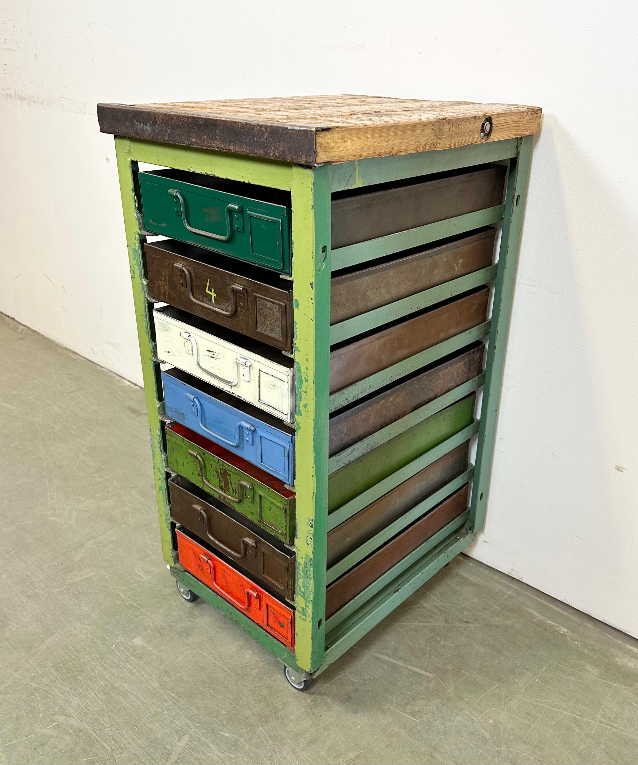 20th Century Vintage Green Industrial Iron Chest of Drawers on Wheels, 1950s For Sale
