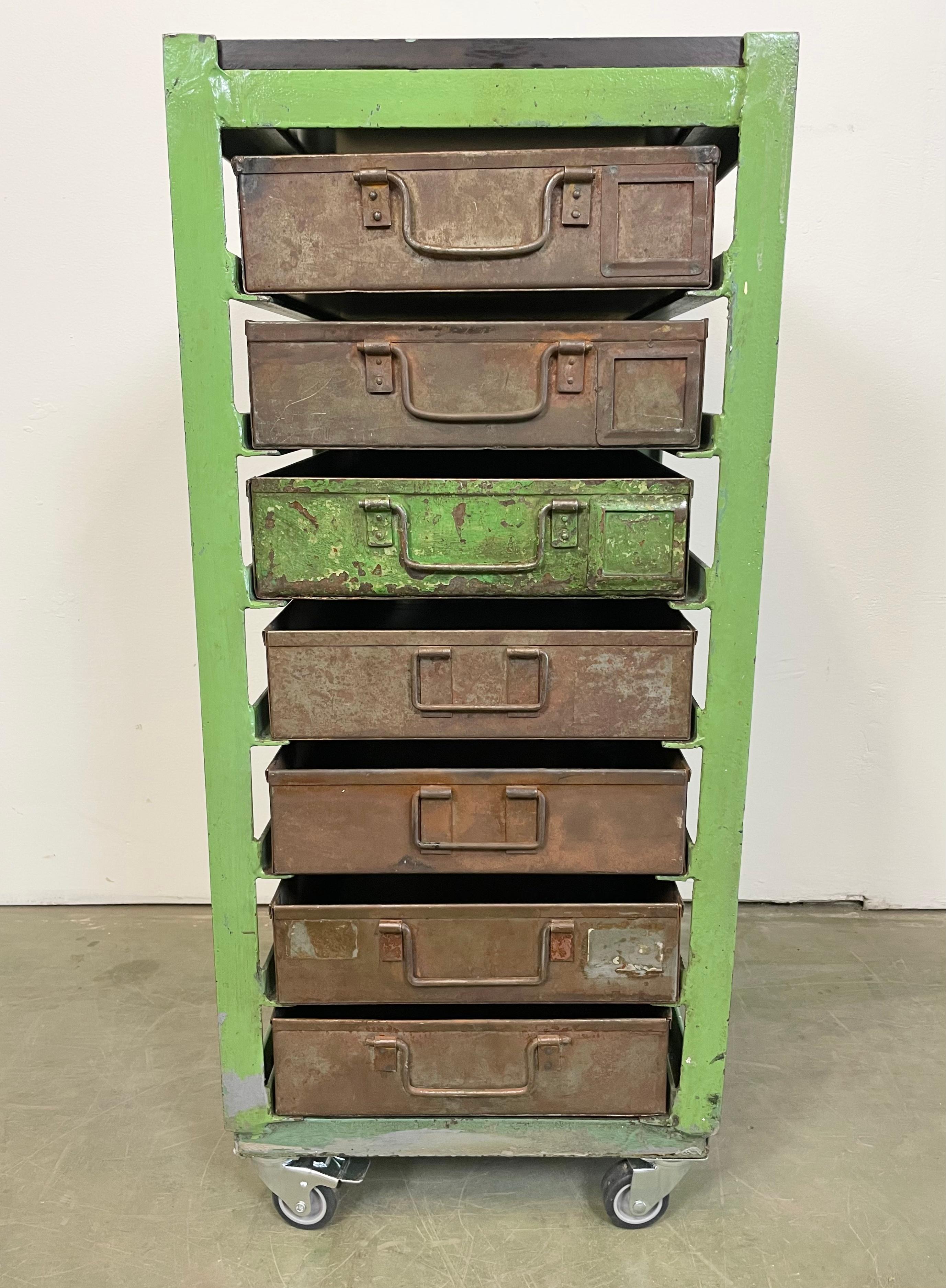 Metal Vintage Green Industrial Iron Chest of Drawers on Wheels, 1950s