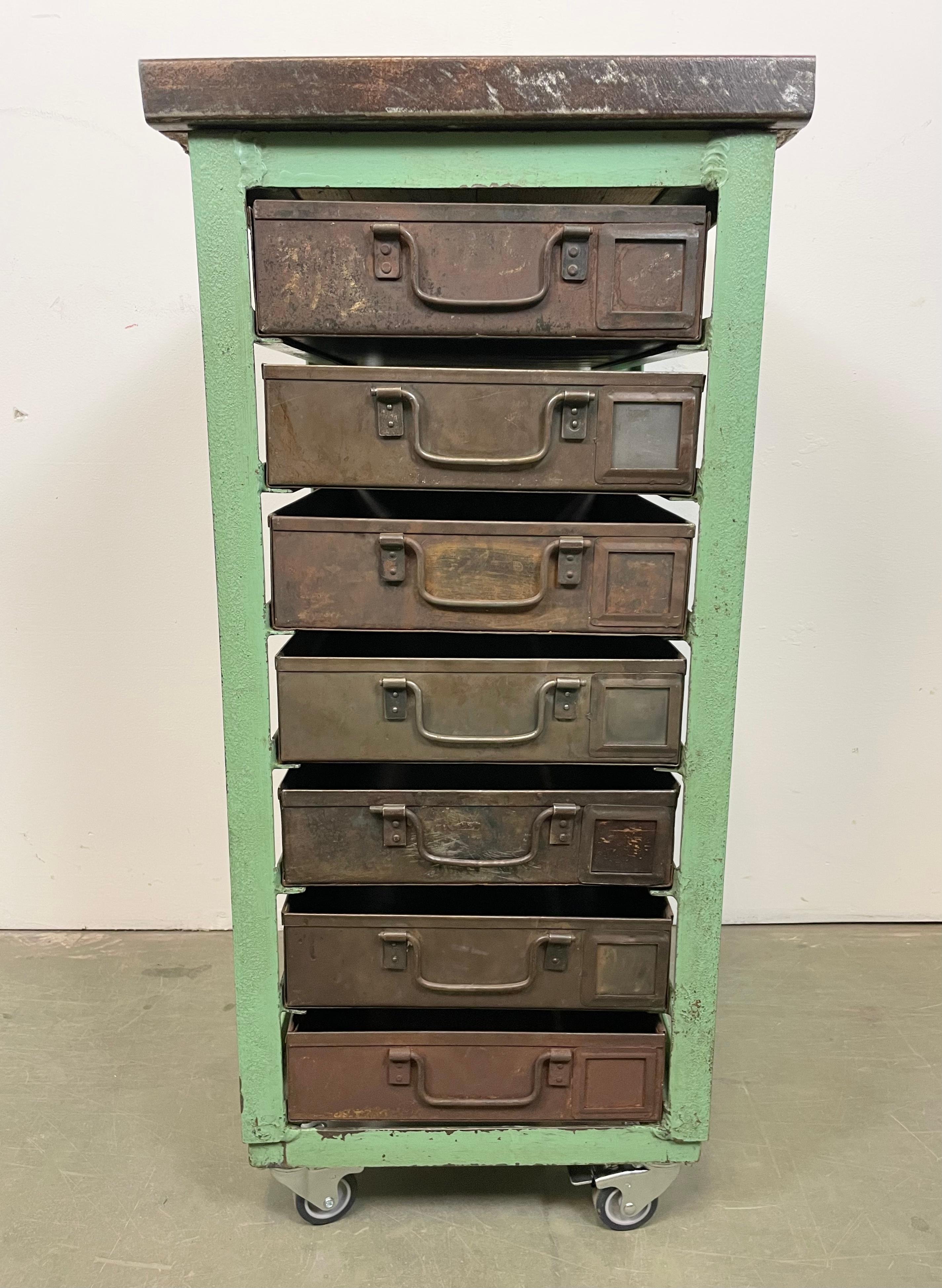 Vintage Green Industrial Iron Chest of Drawers on Wheels, 1950s 1