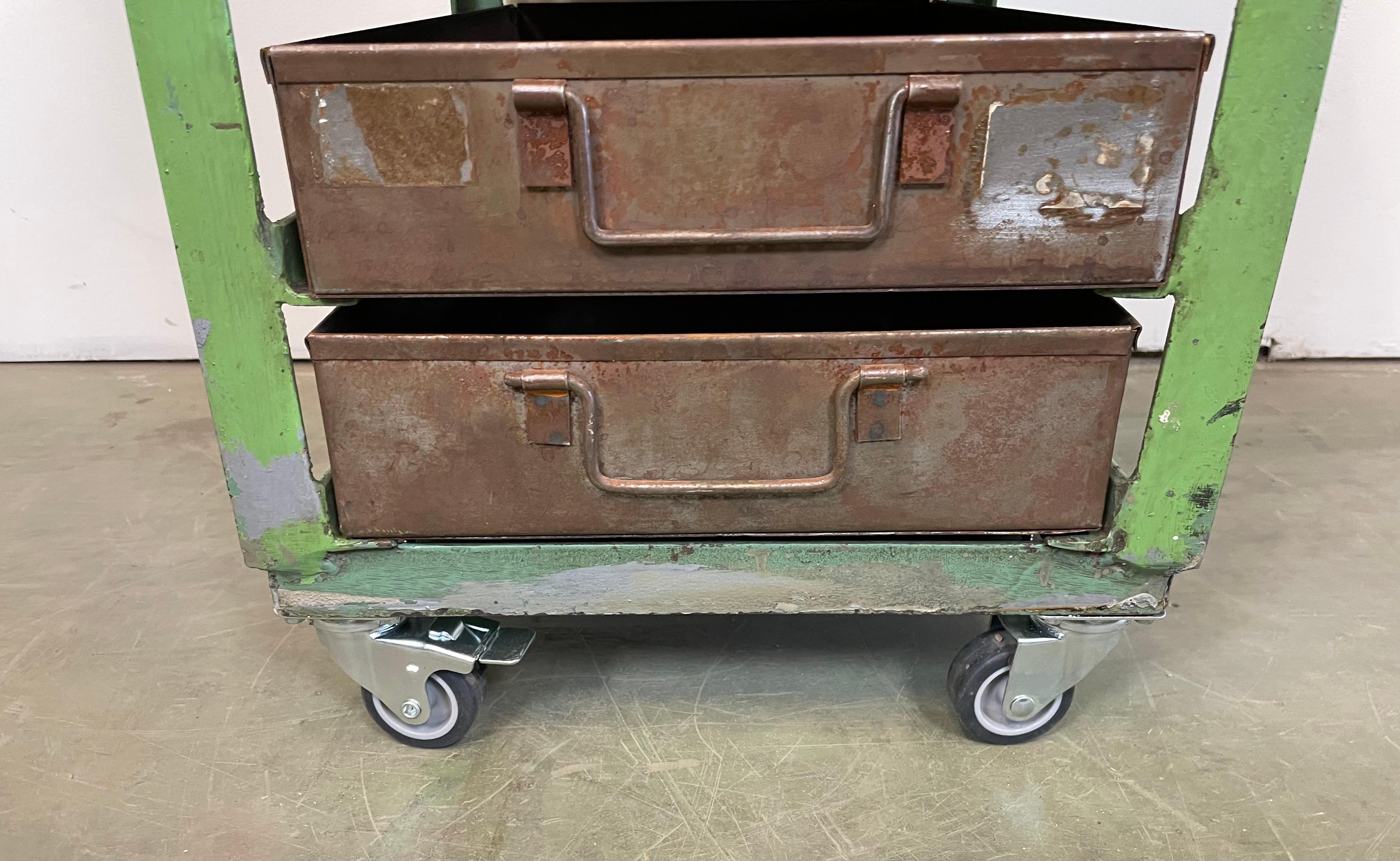 Vintage Green Industrial Iron Chest of Drawers on Wheels, 1950s 1