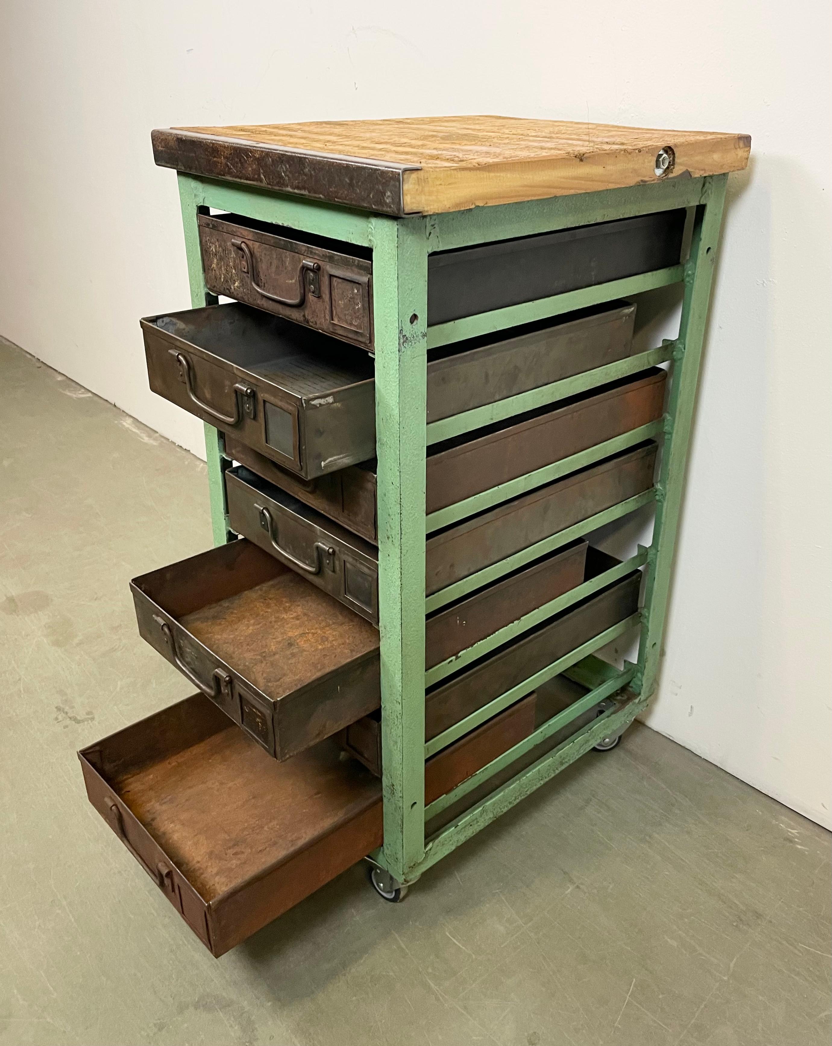 Vintage Green Industrial Iron Chest of Drawers on Wheels, 1950s 3