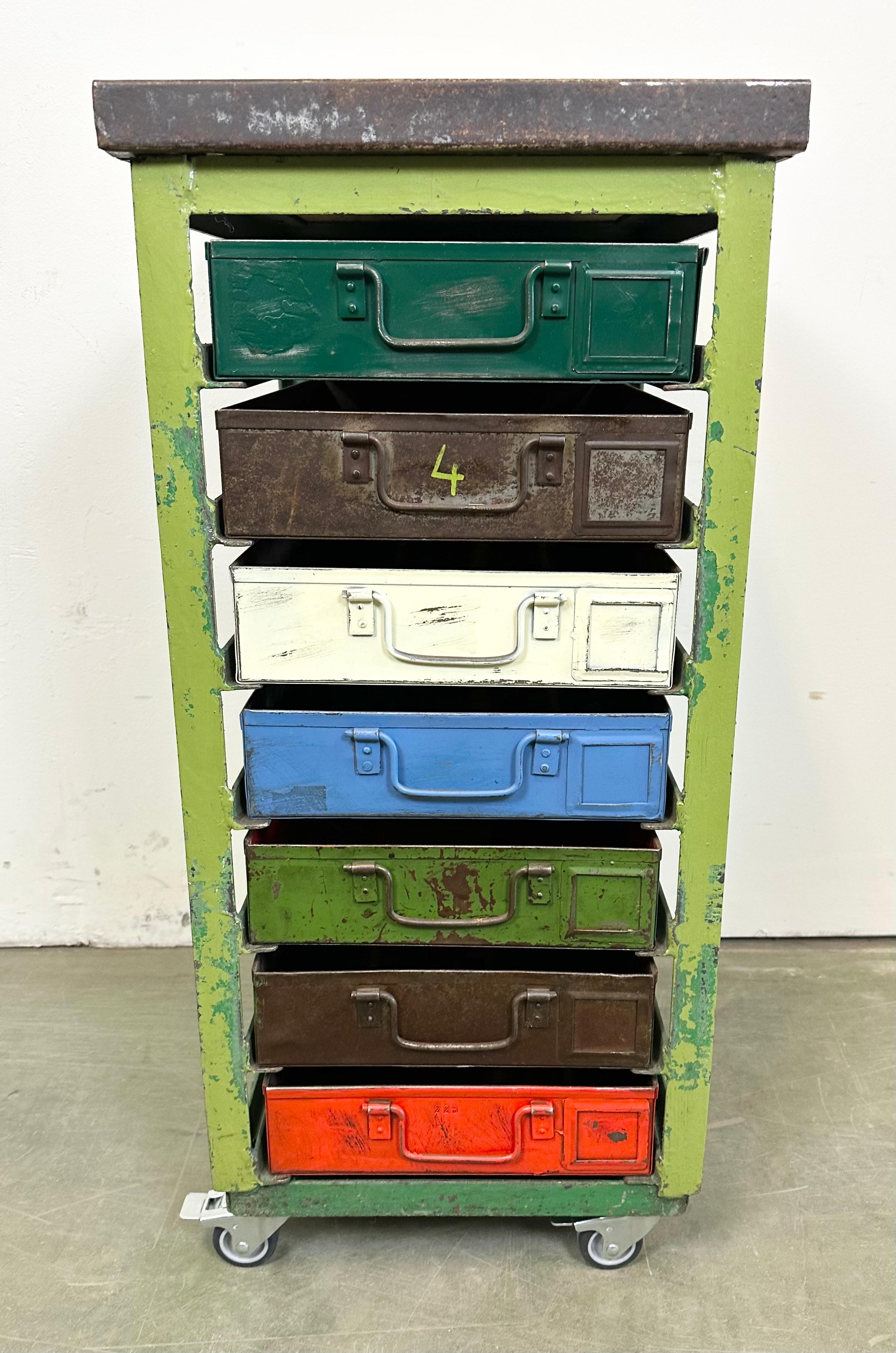 Vintage Green Industrial Iron Chest of Drawers on Wheels, 1950s For Sale 3