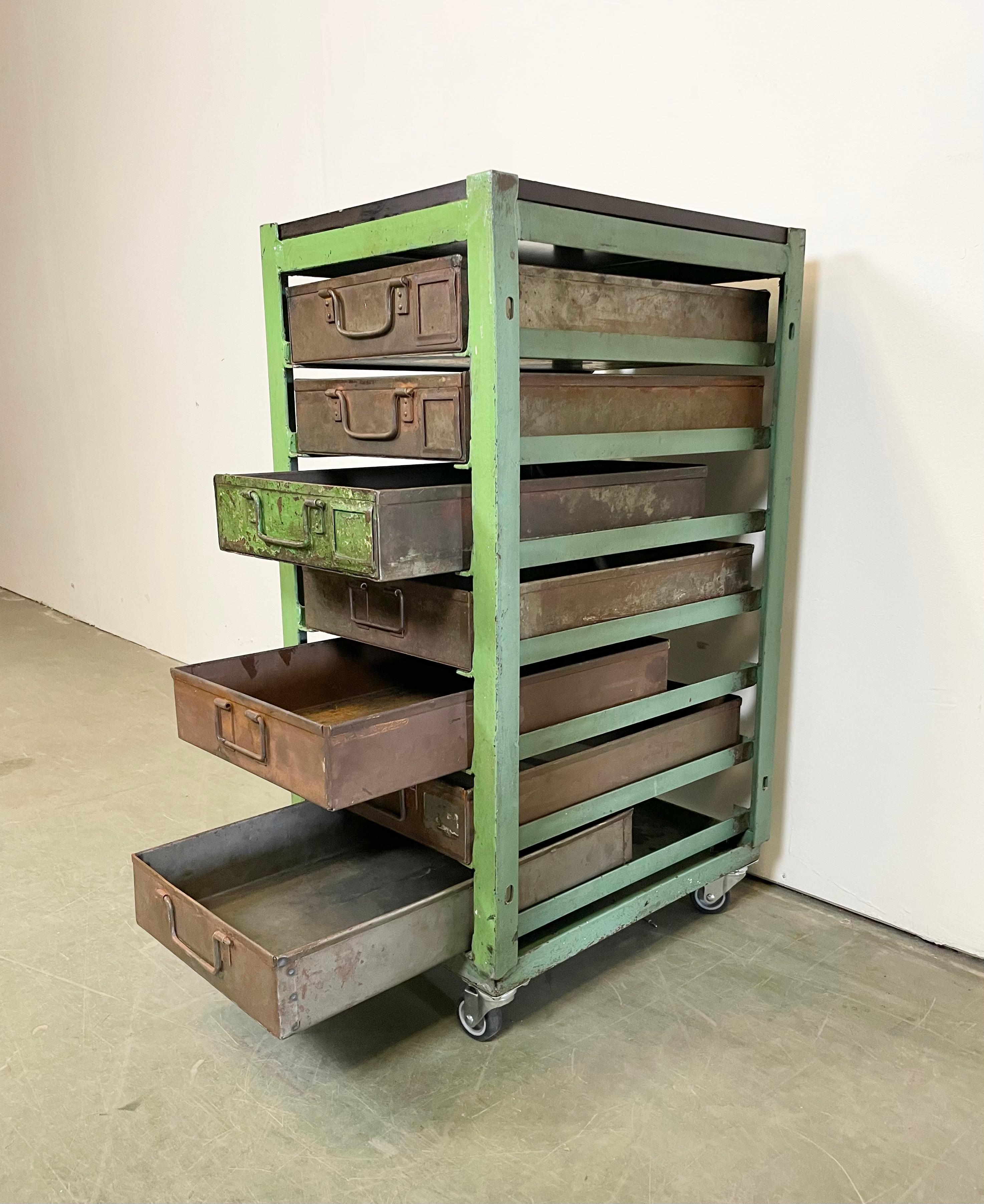 Vintage Green Industrial Iron Chest of Drawers on Wheels, 1950s 3