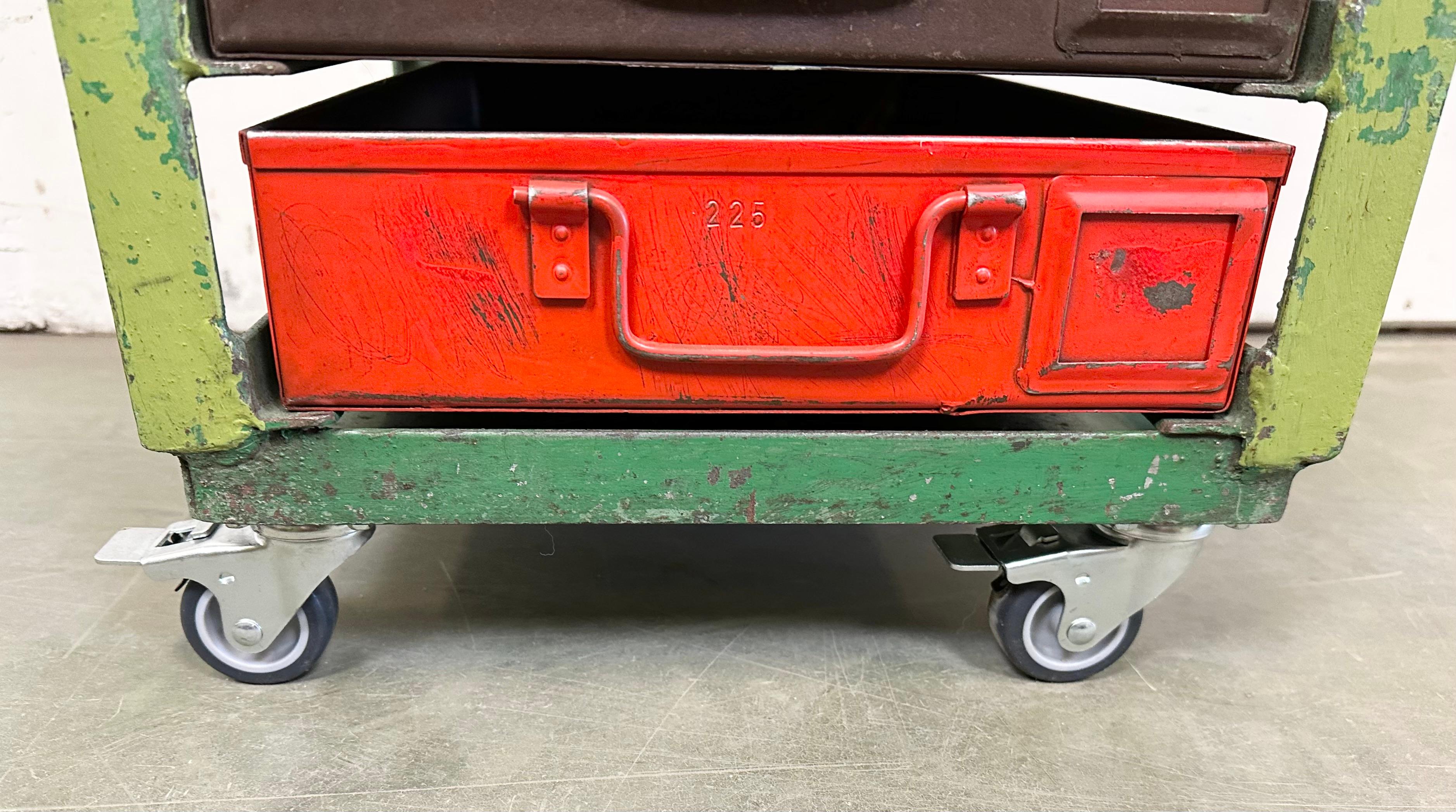 Vintage Green Industrial Iron Chest of Drawers on Wheels, 1950s For Sale 4