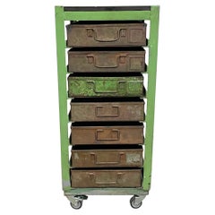 Vintage Green Industrial Iron Chest of Drawers on Wheels, 1950s