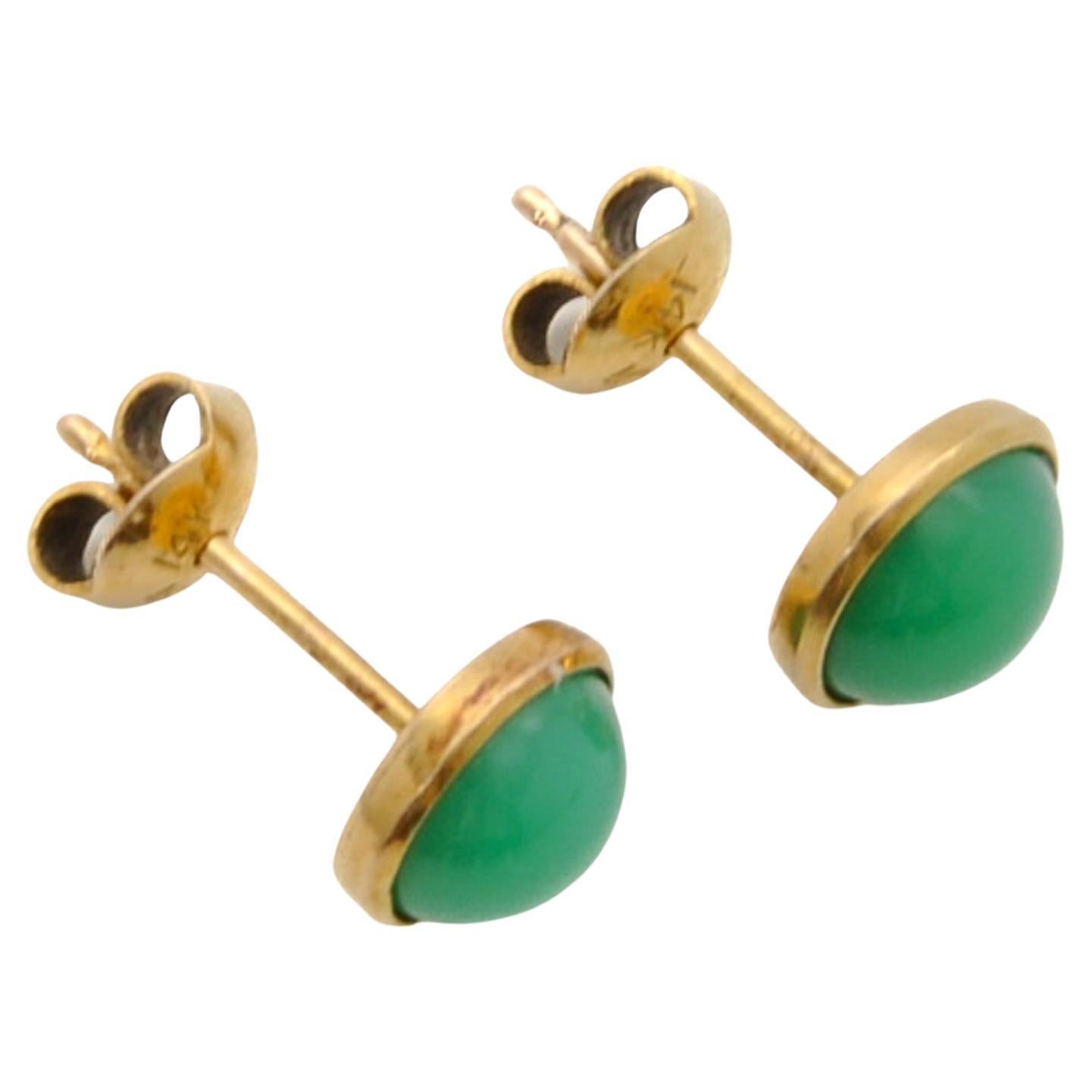 Vintage Green Jade 14K Gold Stud Earrings For Sale