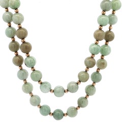 Vintage Green Jade and Alternating Yellow Gold Beads 30" Long Slip-On Necklace