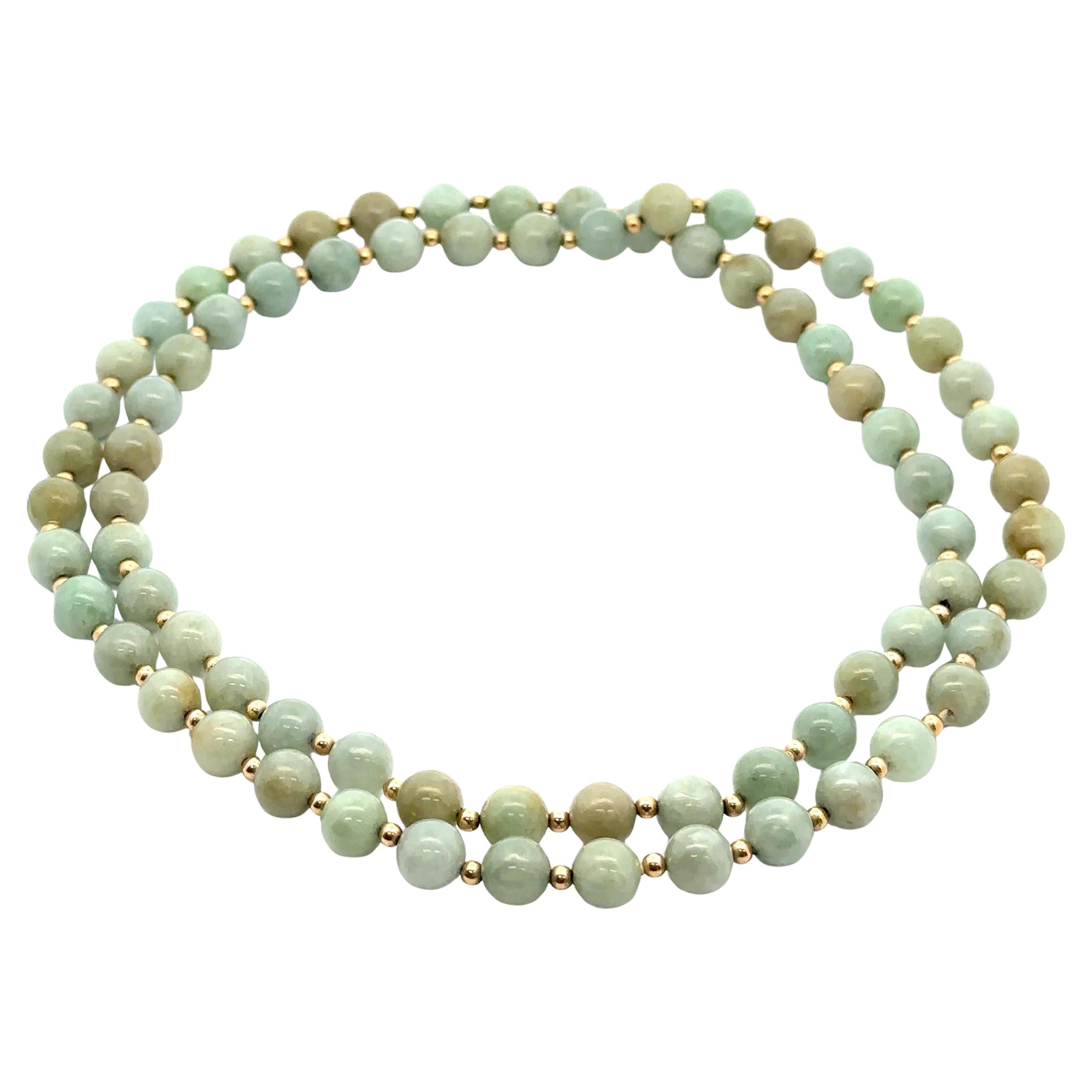 Vintage Green Jade and Alternating Yellow Gold Beads 30" Long Slip-On Necklace