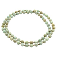 Vintage Green Jade and Alternating Yellow Gold Beads 30" Long Slip-On Necklace