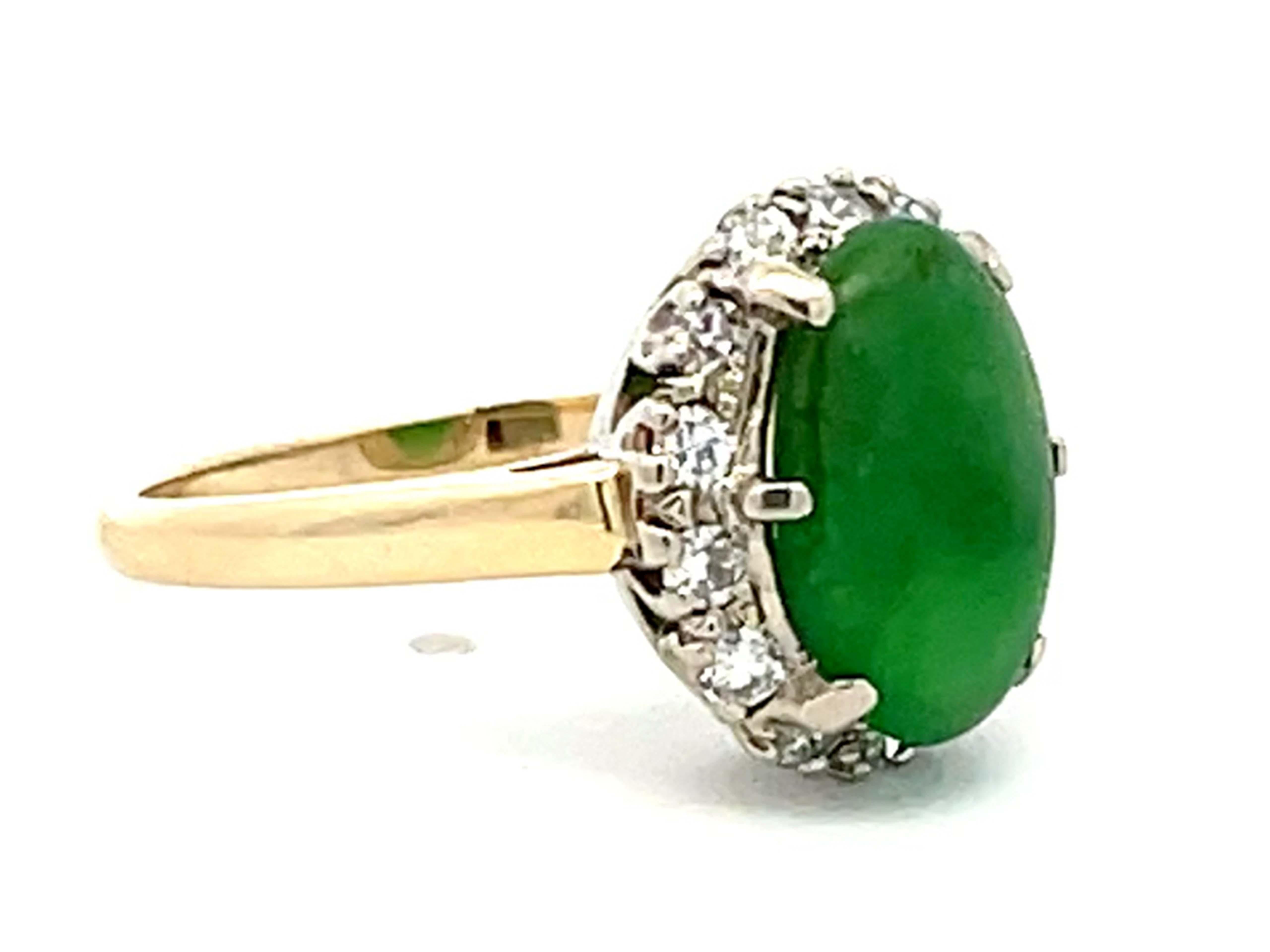 Modern Vintage Green Jade Diamond Halo Gold Ring For Sale