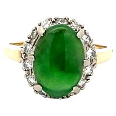 Antique Green Jade Diamond Halo Gold Ring
