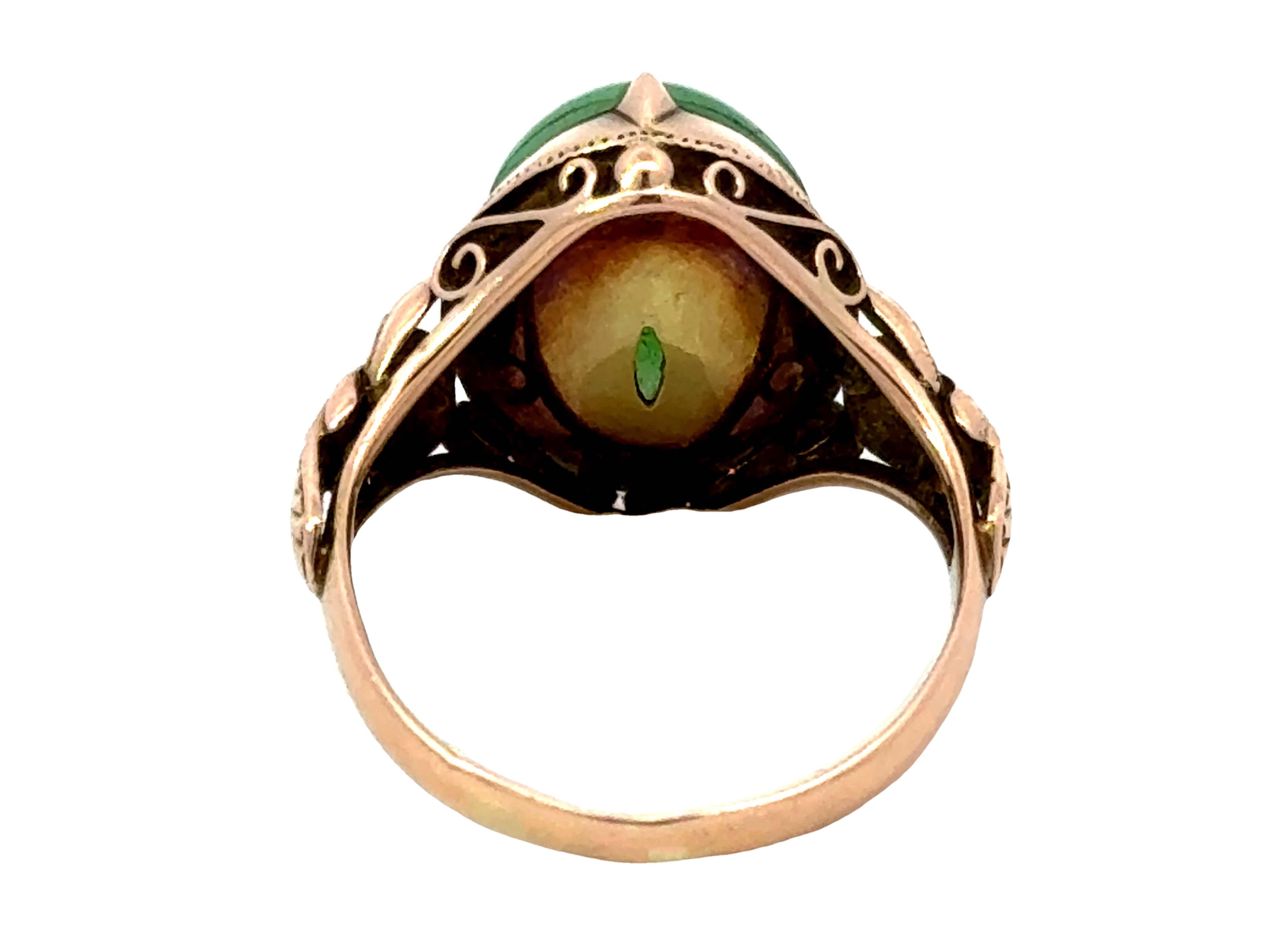 Vintage Green Jade Oval Cabochon Ring 14K Rose Gold For Sale 2