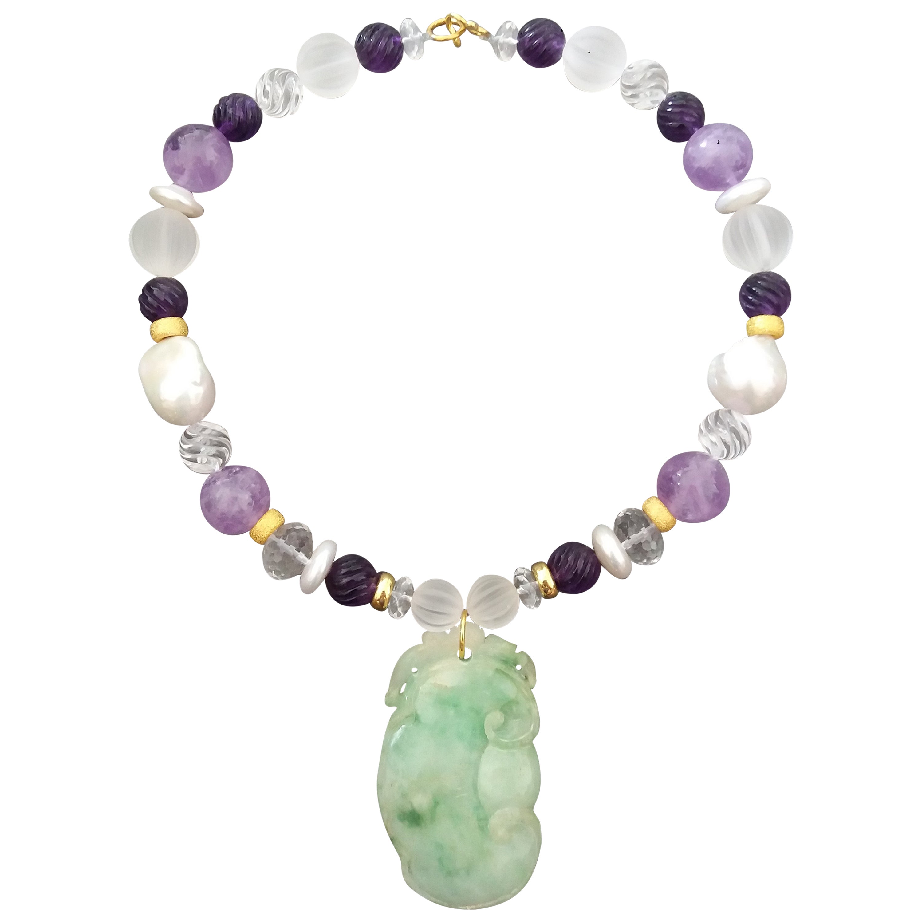 Vintage Green Jade Pendant Amethyst Baroque Pearls Quartz Yellow Gold Necklace
