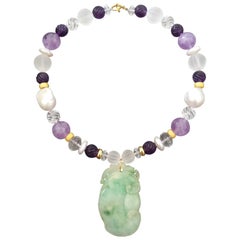 Vintage Green Jade Pendant Amethyst Baroque Pearls Quartz Yellow Gold Necklace