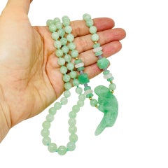 Vintage green jade pink quartz amethyst carved parrot bird beaded long necklace