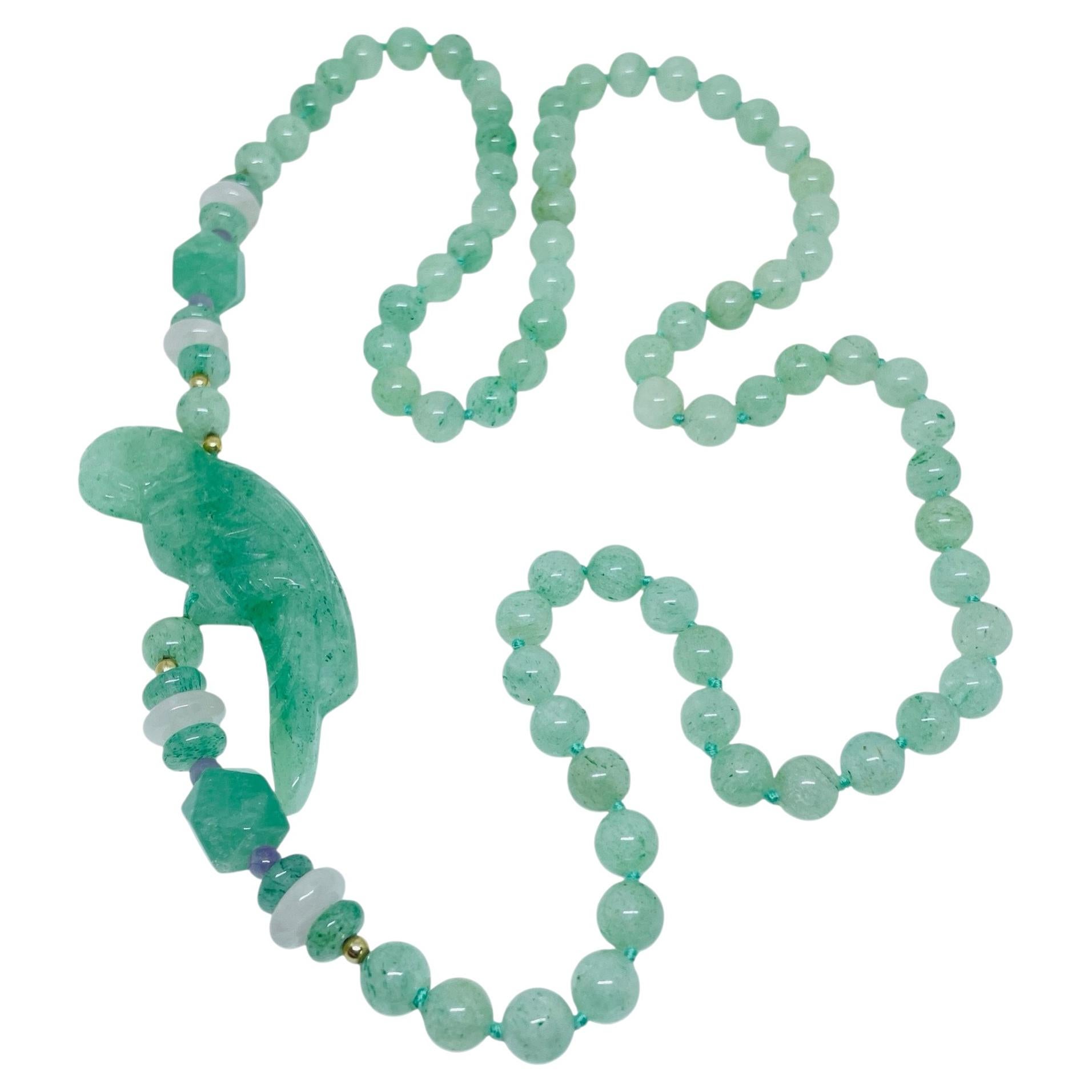 Vintage green jade pink quartz amethyst carved parrot bird beaded long necklace For Sale