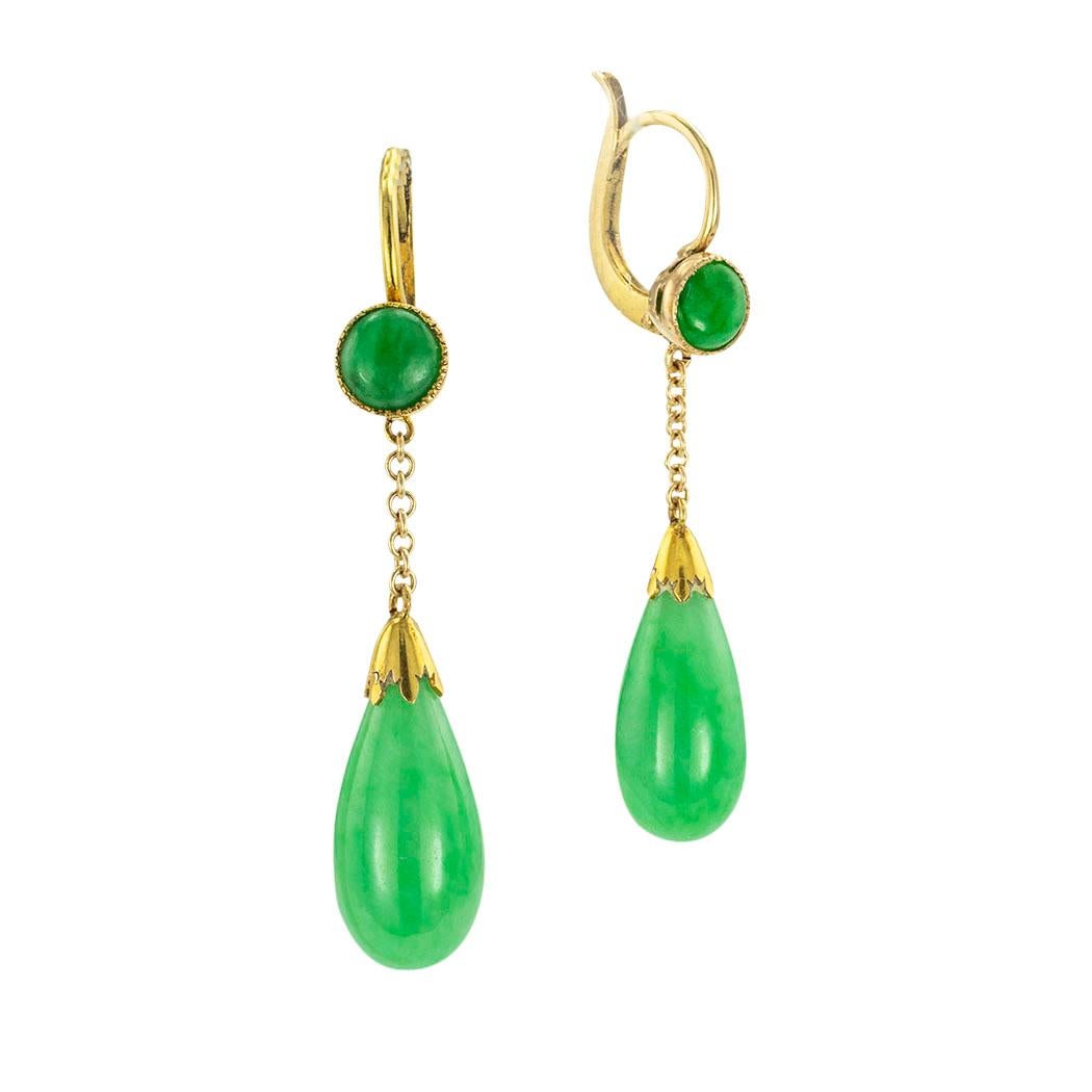 Vintage green jadeite jade and yellow gold drop earrings circa 1930.

Jacob's Diamond & Estate Jewelry.

ABOUT THIS ITEM:  #E2697. Scroll down for specifications.  These vintage jadeite earrings pack a lot of movement and swinging stand-out action
