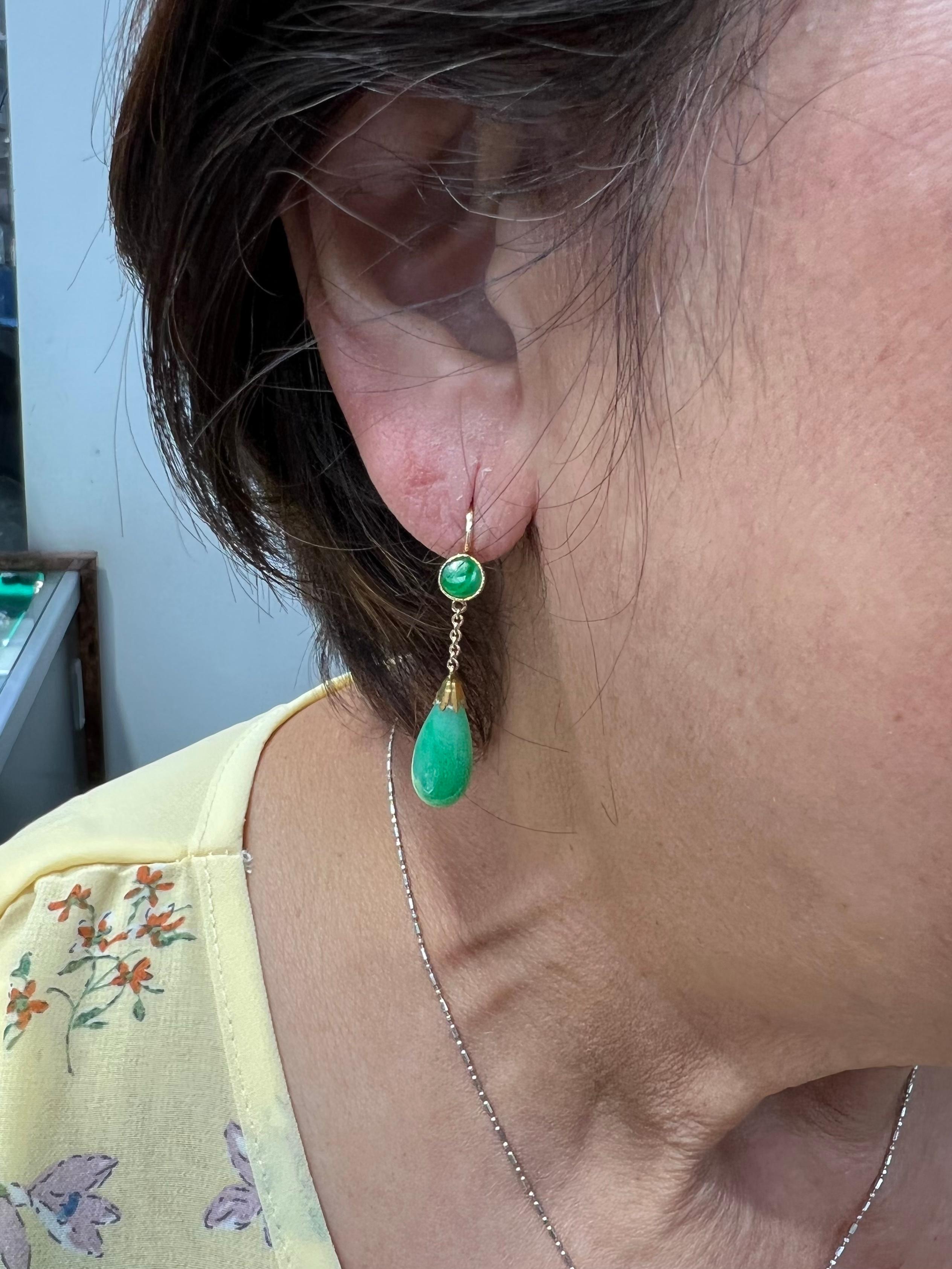 Mixed Cut Vintage Green Jade Yellow Gold Drop Earrings