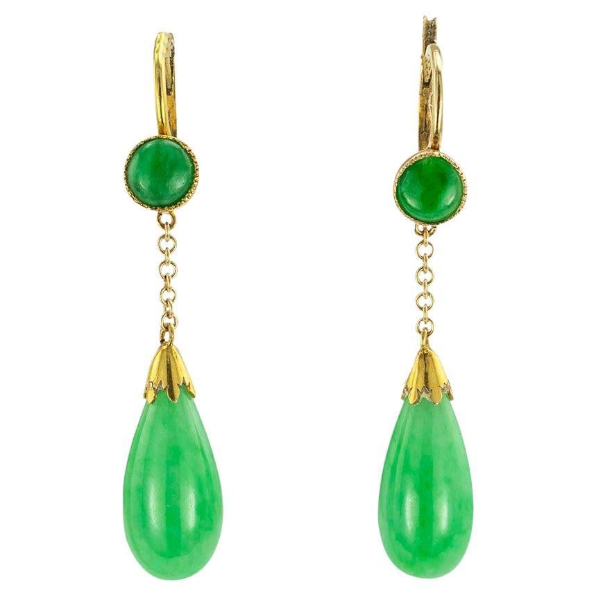 Vintage Green Jade Yellow Gold Drop Earrings