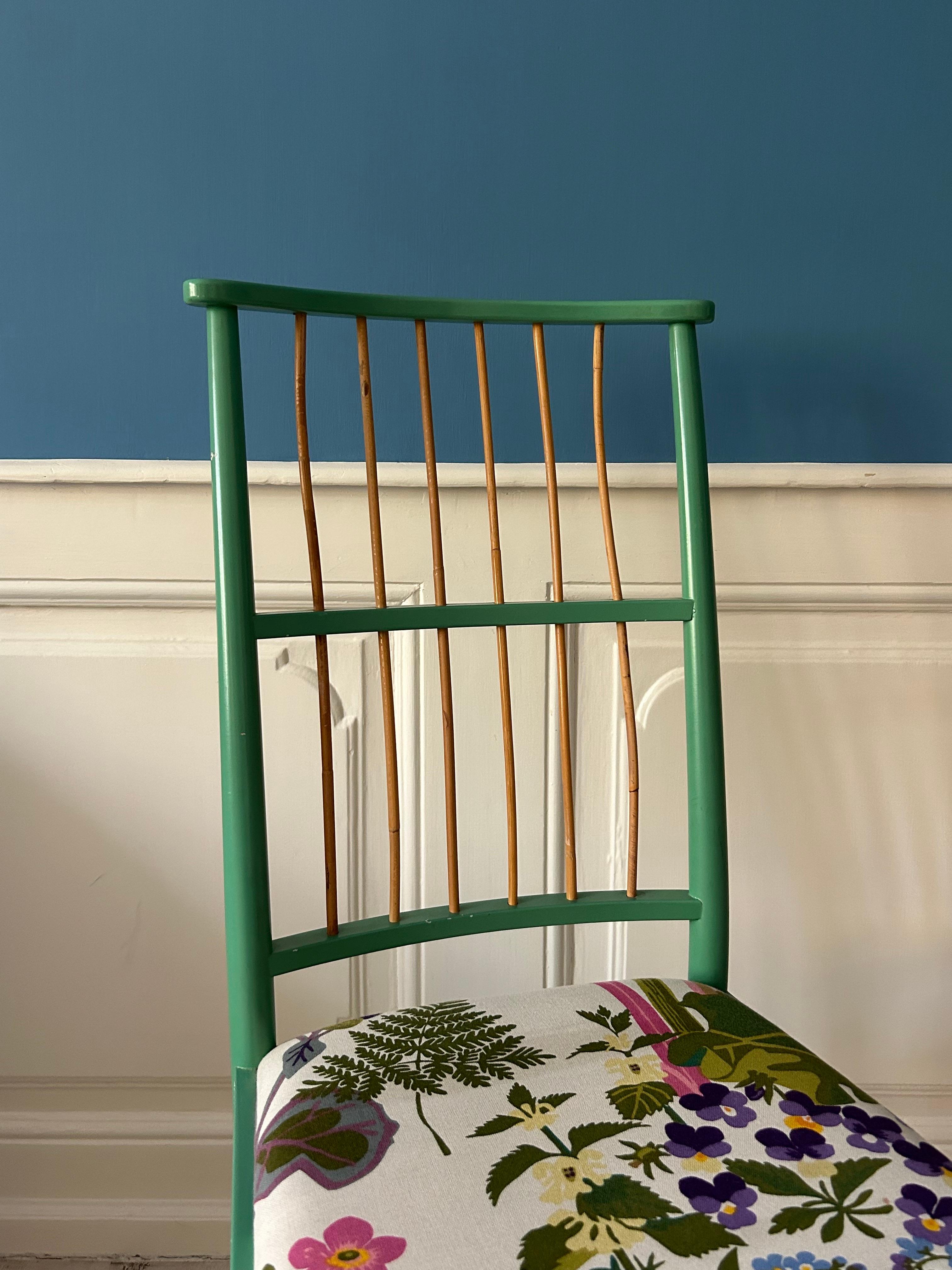 Hand-Crafted Vintage Green Josef Frank “Chair 2025” with Bamboo and Textile, Sweden, 1970s For Sale