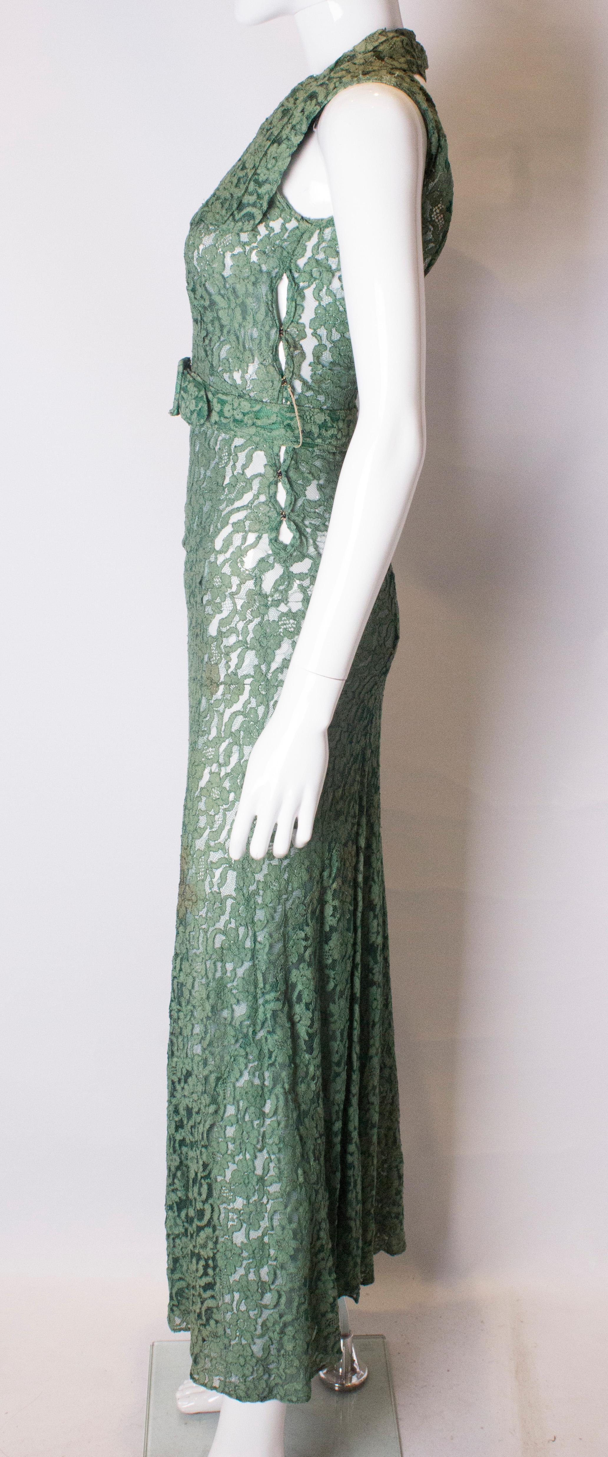 Gray Vintage Green Lace 1920s Gown For Sale