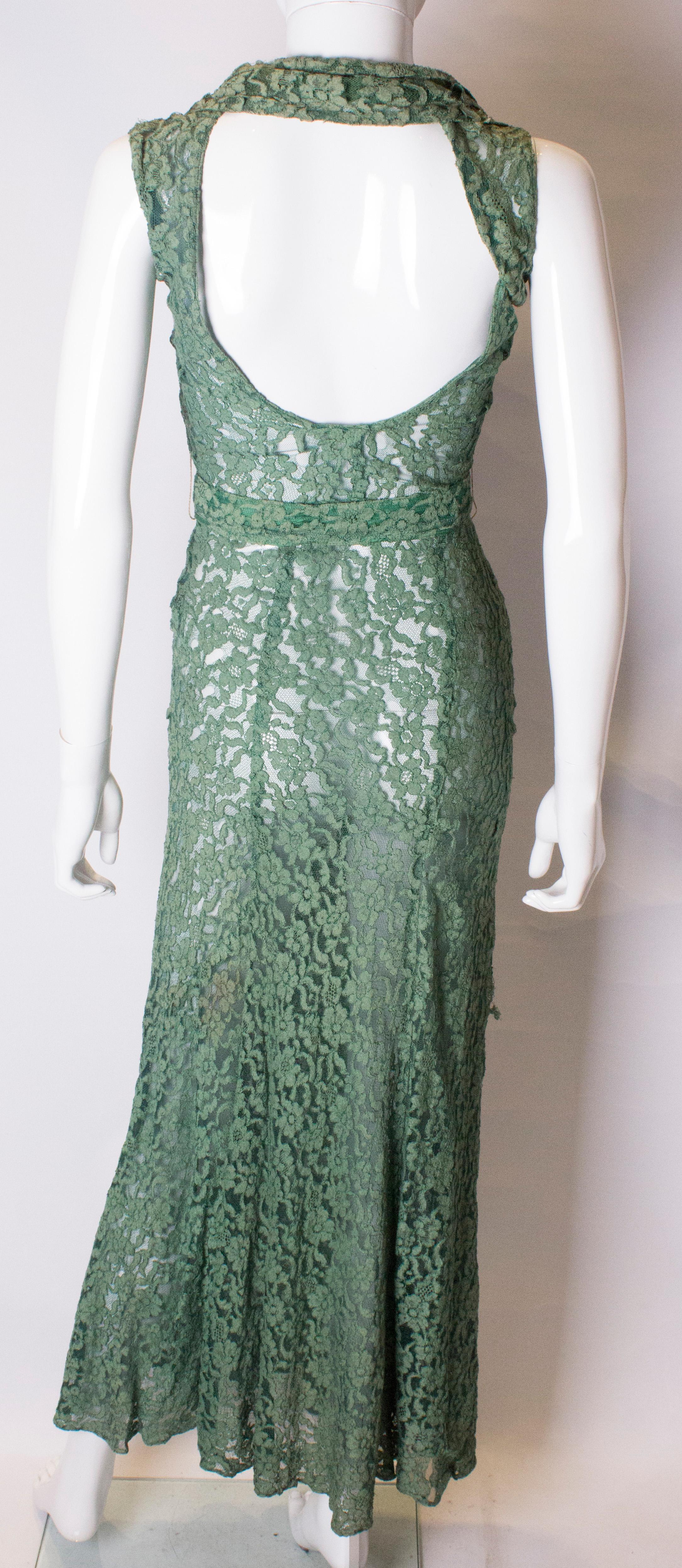 Women's Vintage Green Lace 1920s Gown For Sale