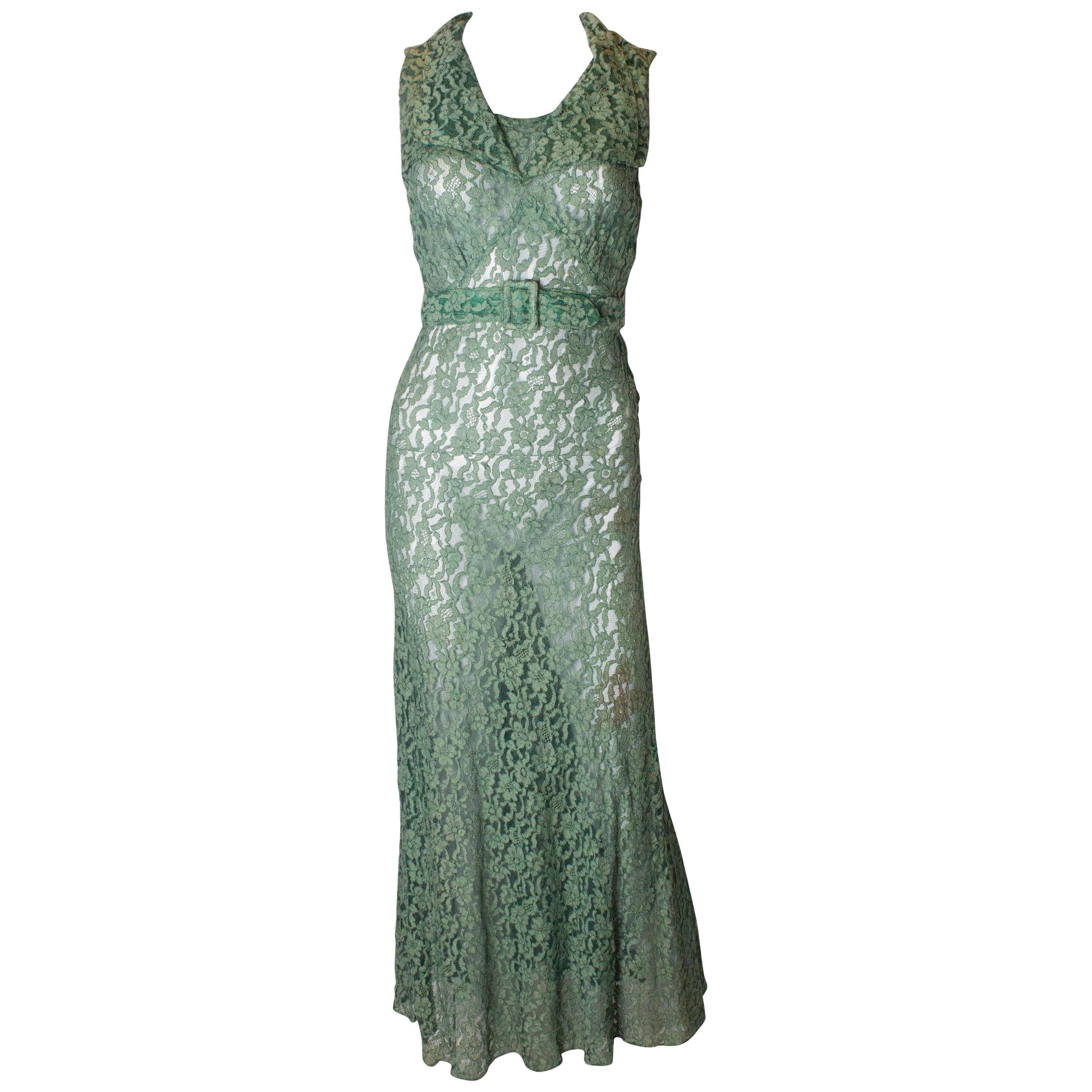 Vintage Green Lace 1920s Gown For Sale