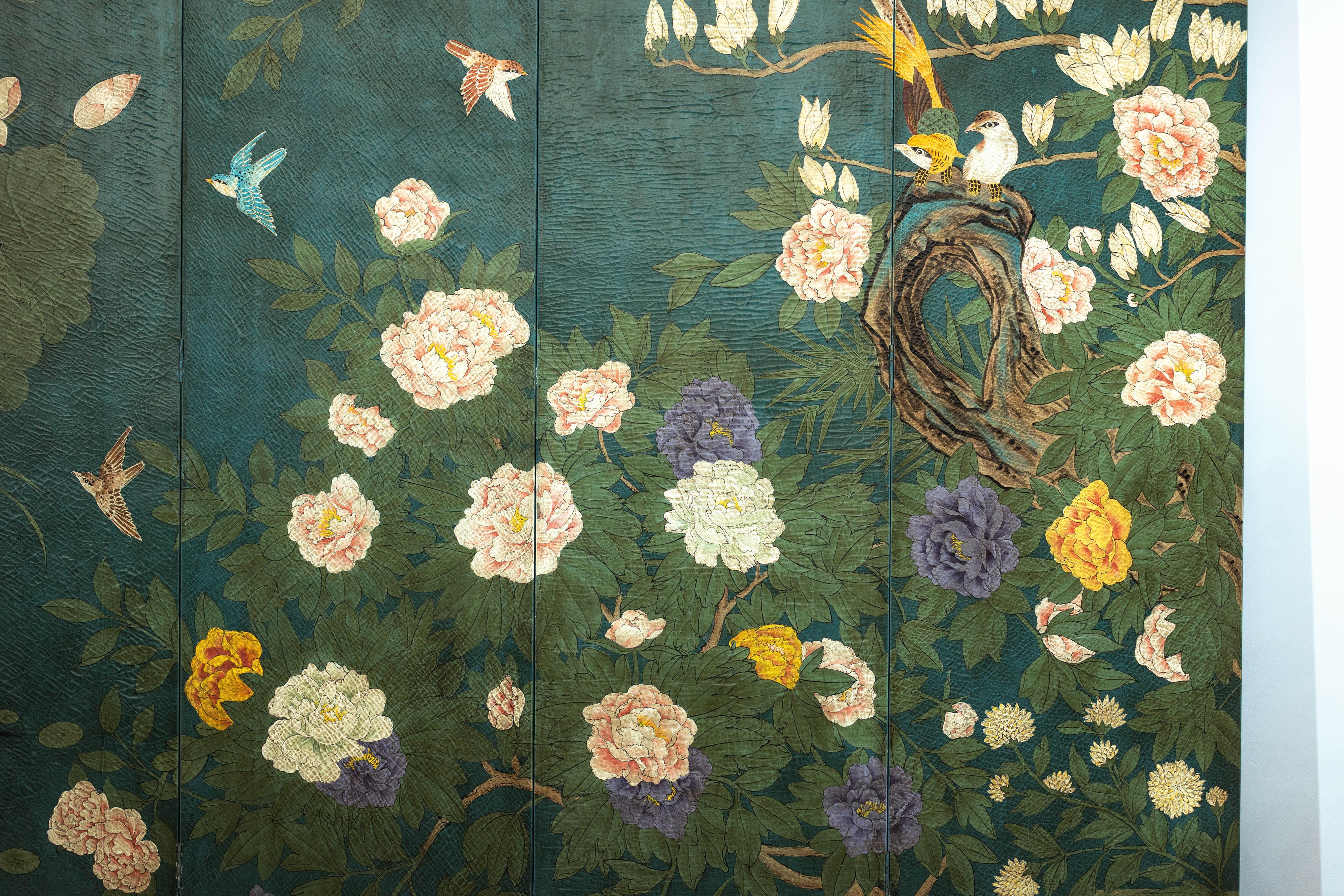 Green Lacquered Screen Room Divider with Hand-Painted Birds and Peonies 4