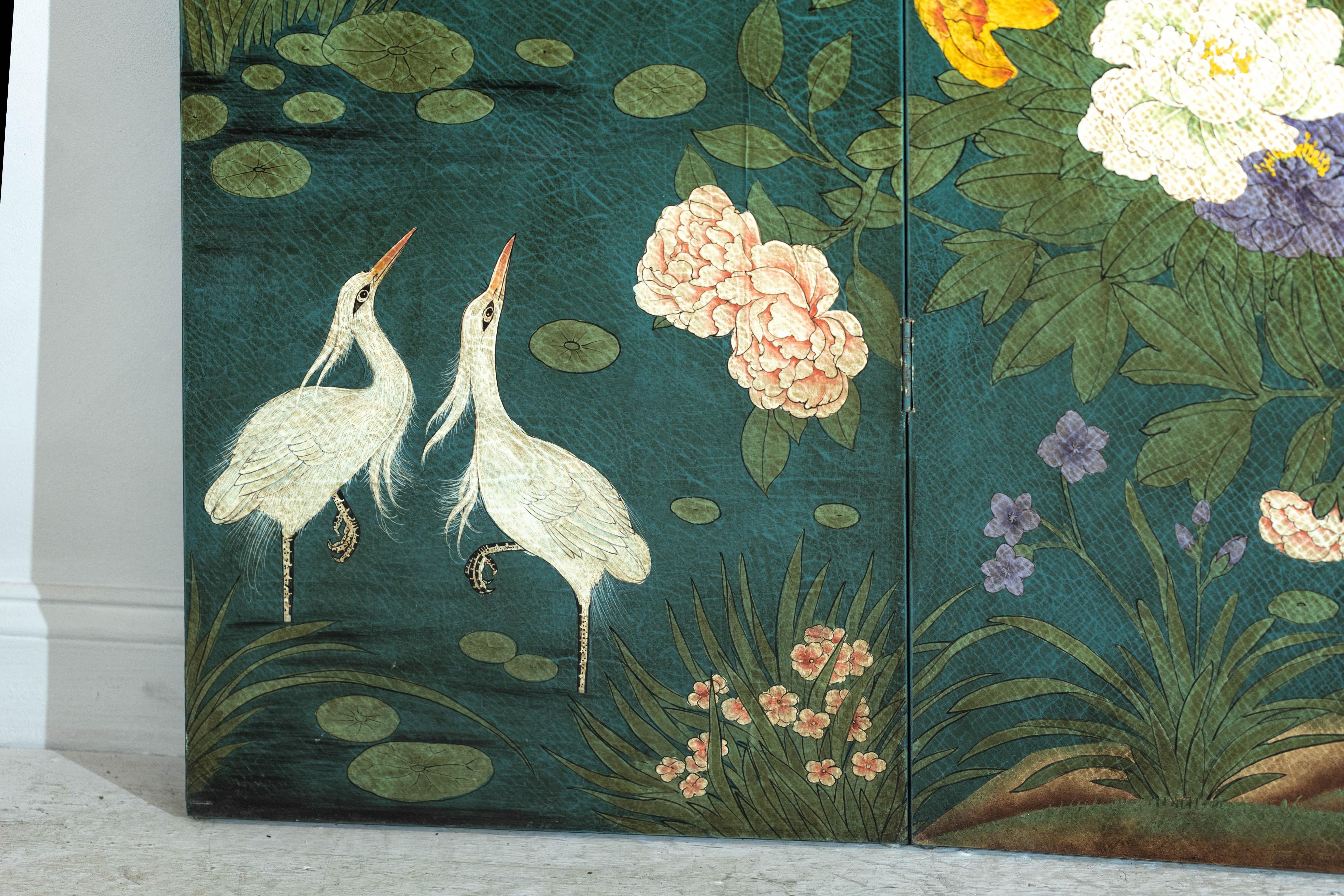 Green Lacquered Screen Room Divider with Hand-Painted Birds and Peonies 6