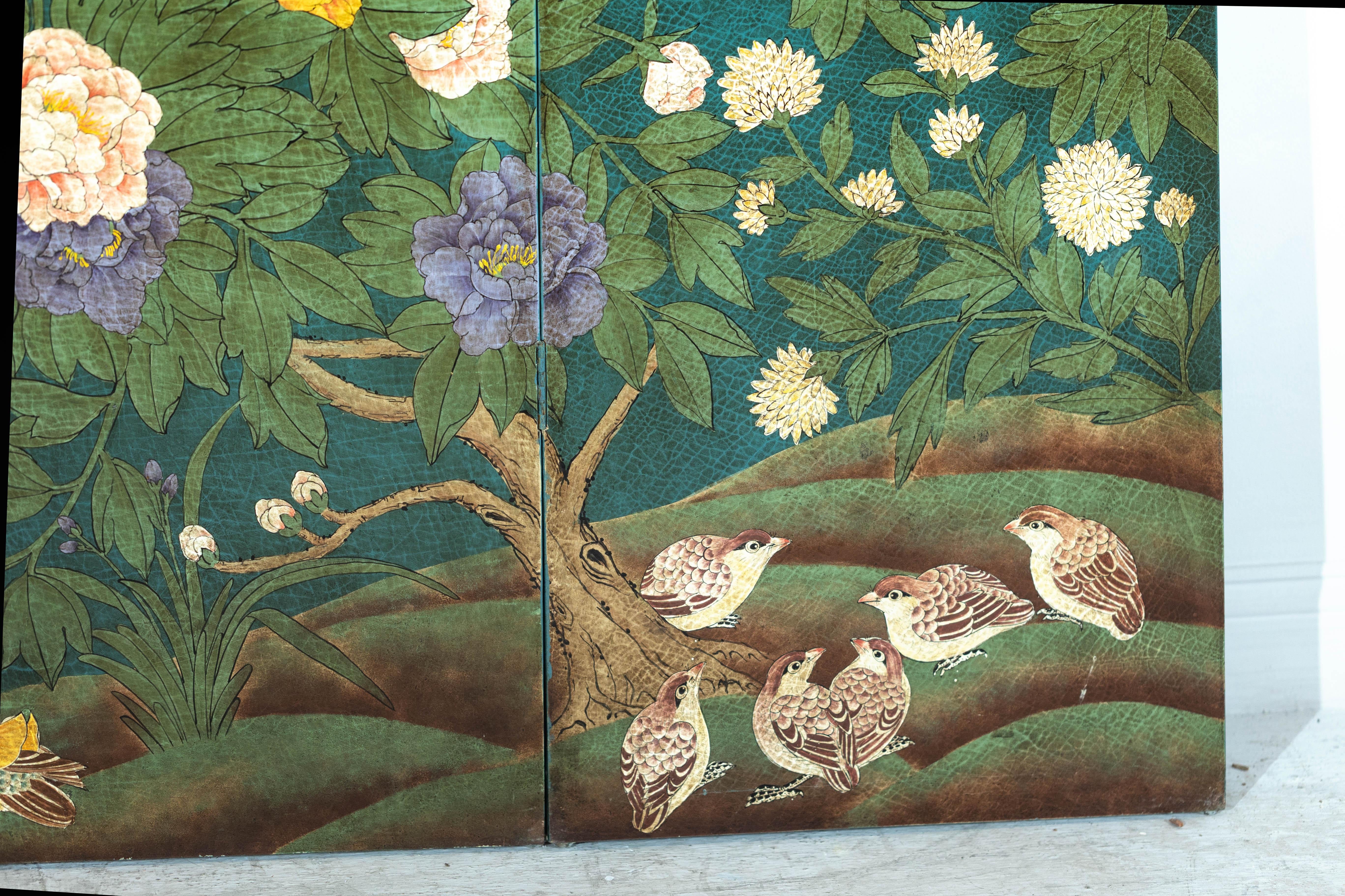 Green Lacquered Screen Room Divider with Hand-Painted Birds and Peonies 7