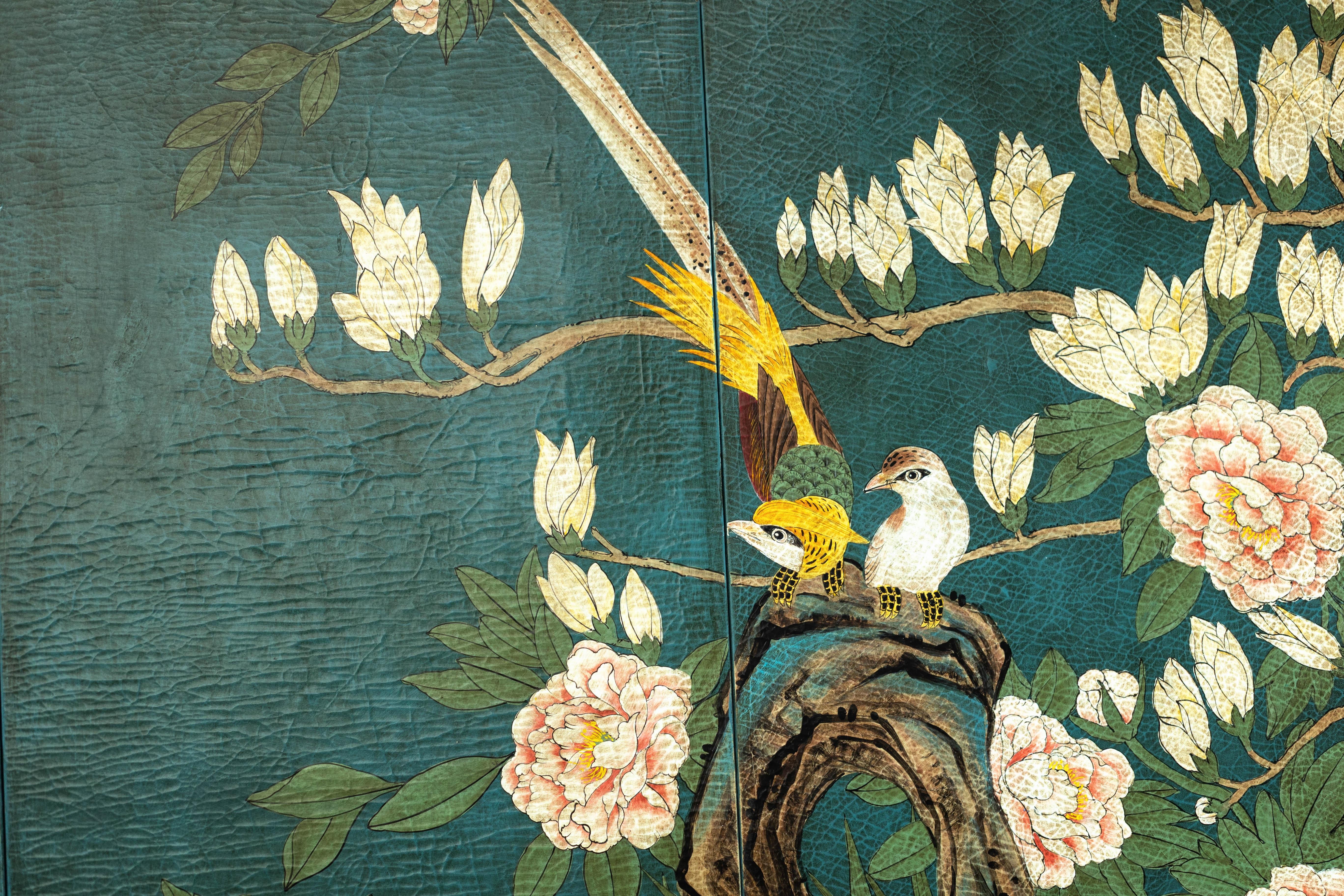 Green Lacquered Screen Room Divider with Hand-Painted Birds and Peonies 9