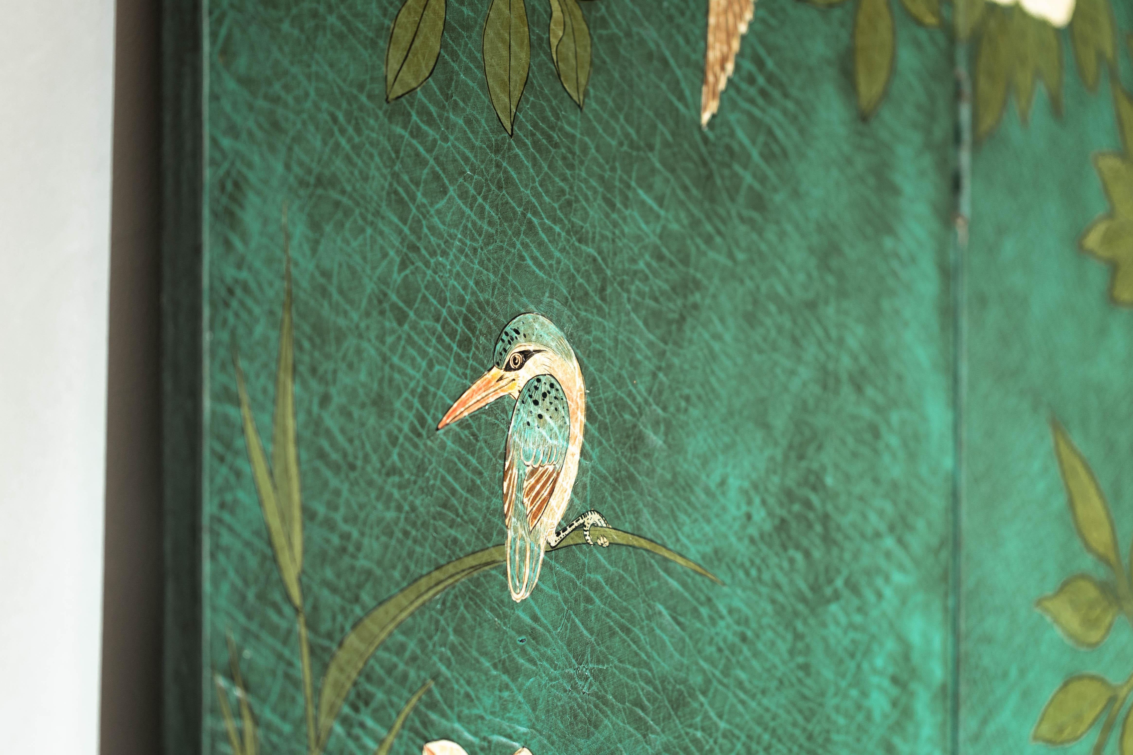 Green Lacquered Screen Room Divider with Hand-Painted Birds and Peonies 11