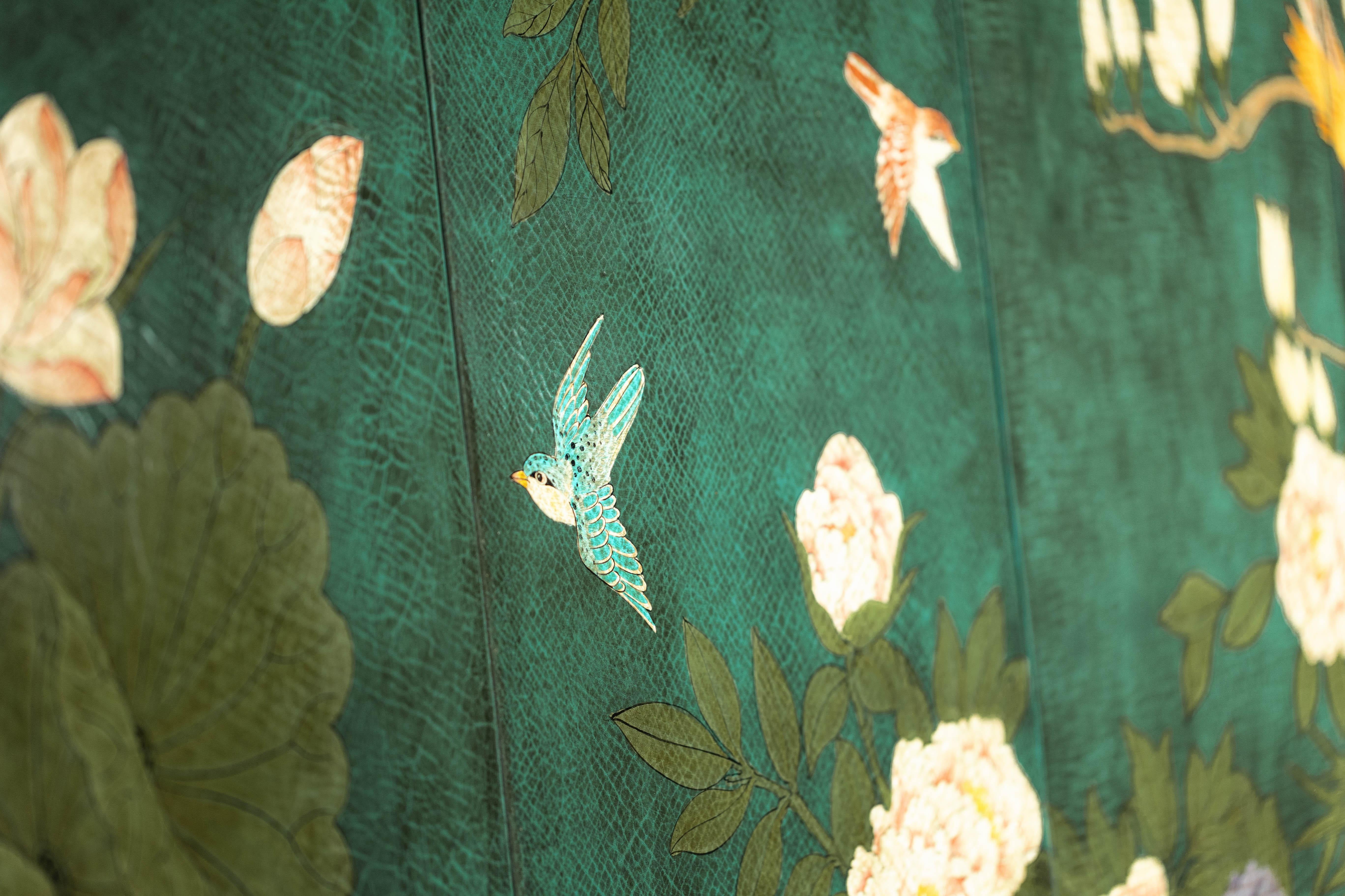 Green Lacquered Screen Room Divider with Hand-Painted Birds and Peonies 12