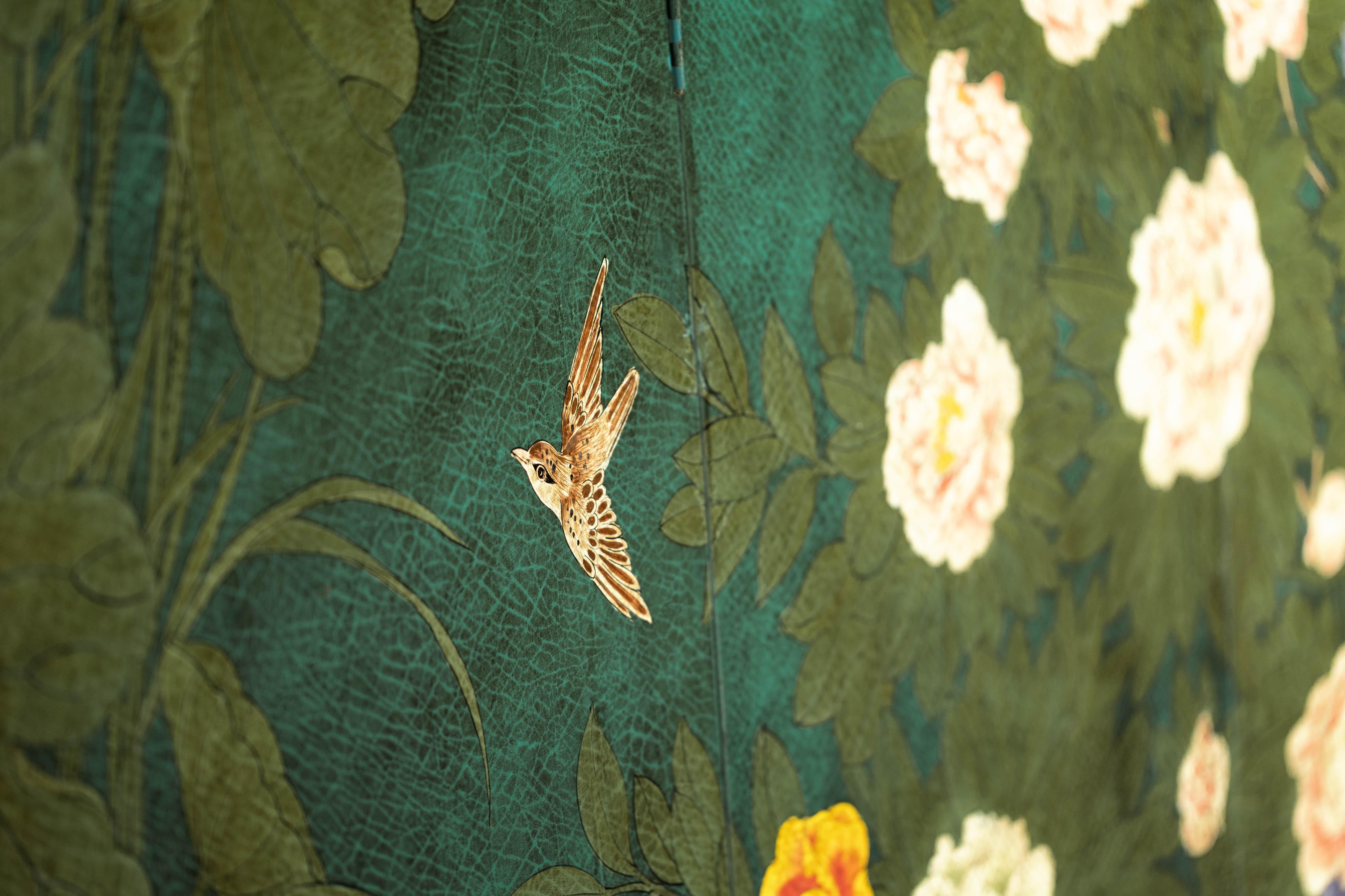 Green Lacquered Screen Room Divider with Hand-Painted Birds and Peonies 13