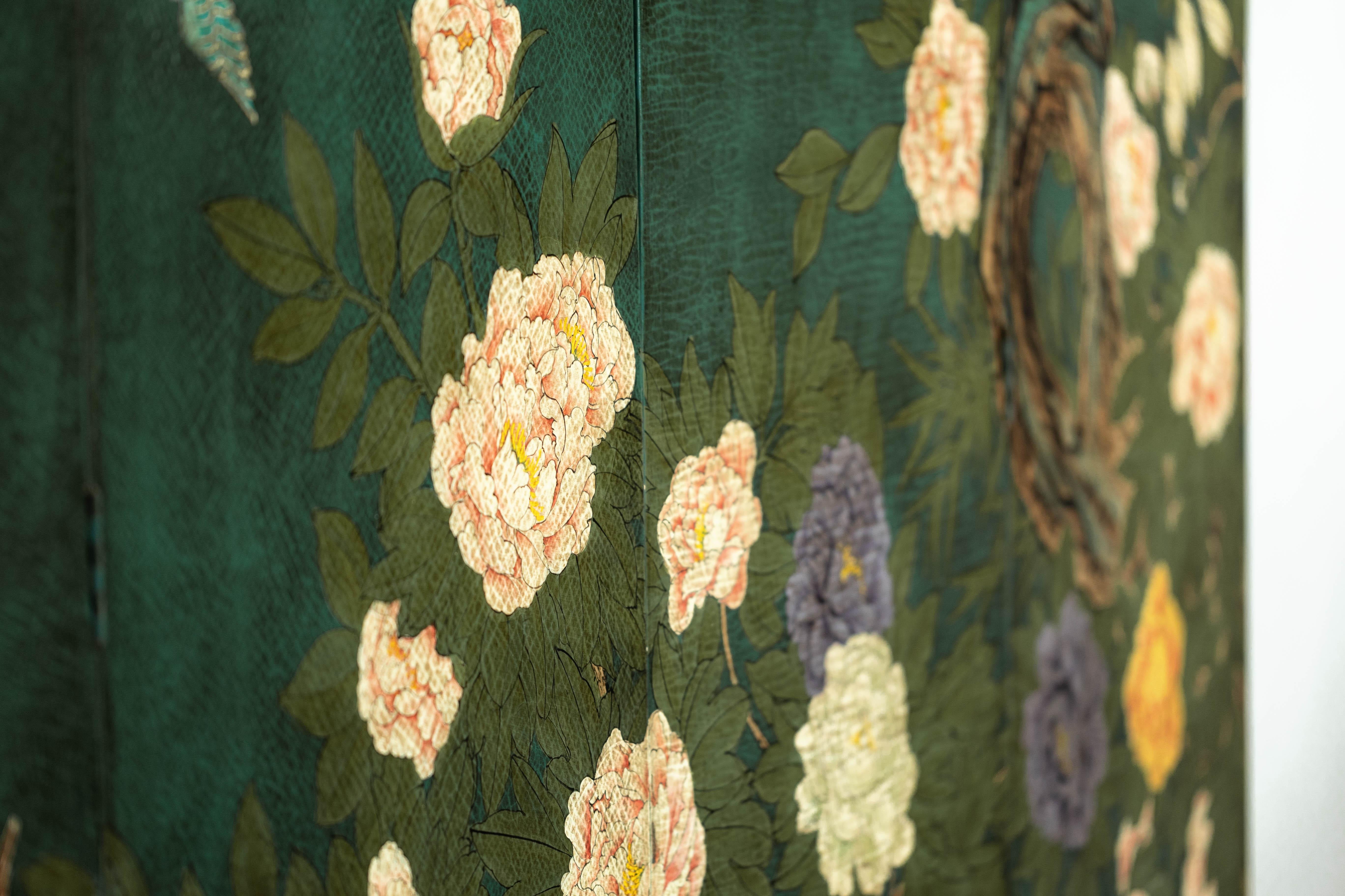 Green Lacquered Screen Room Divider with Hand-Painted Birds and Peonies 14