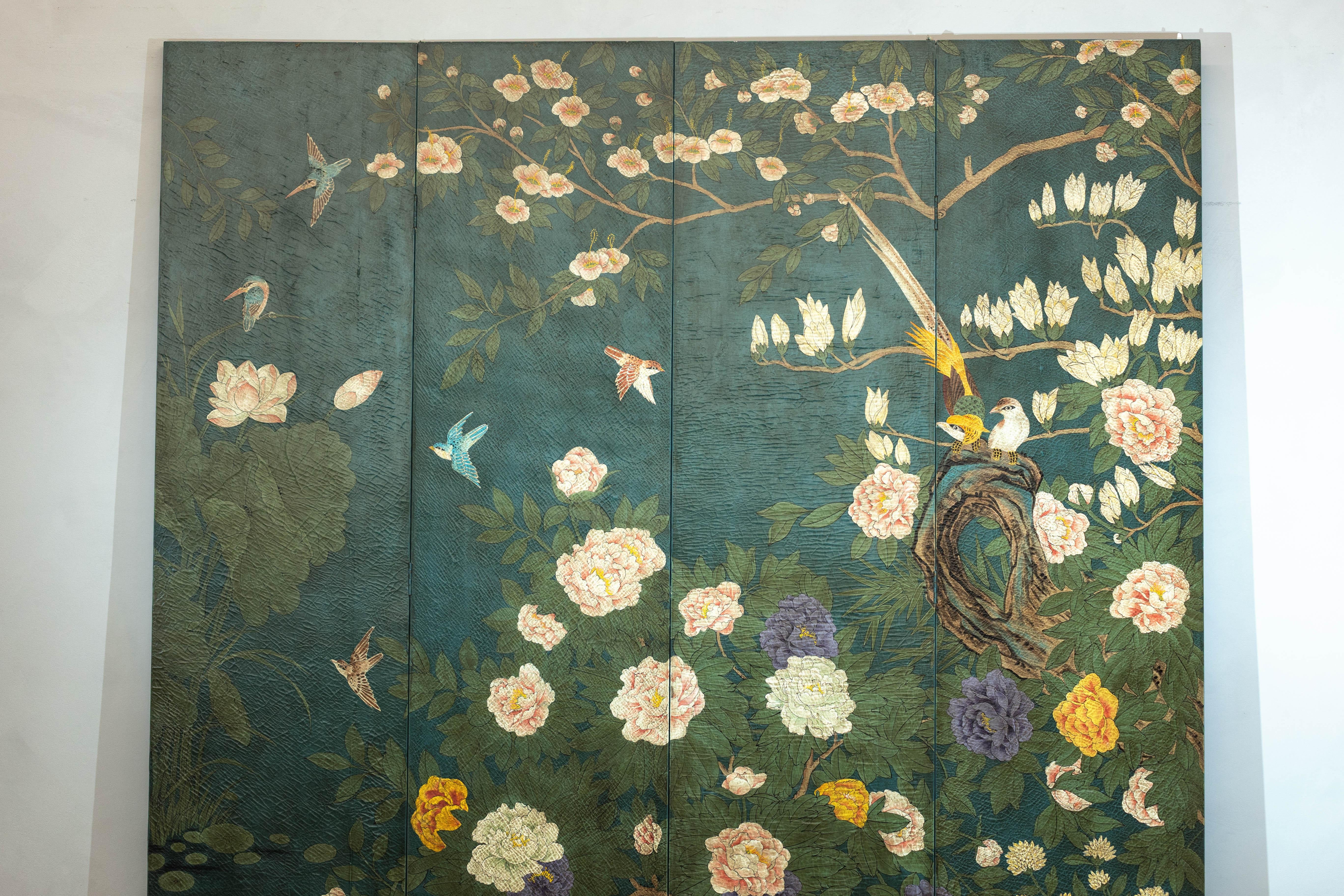 Chinese Green Lacquered Screen Room Divider with Hand-Painted Birds and Peonies