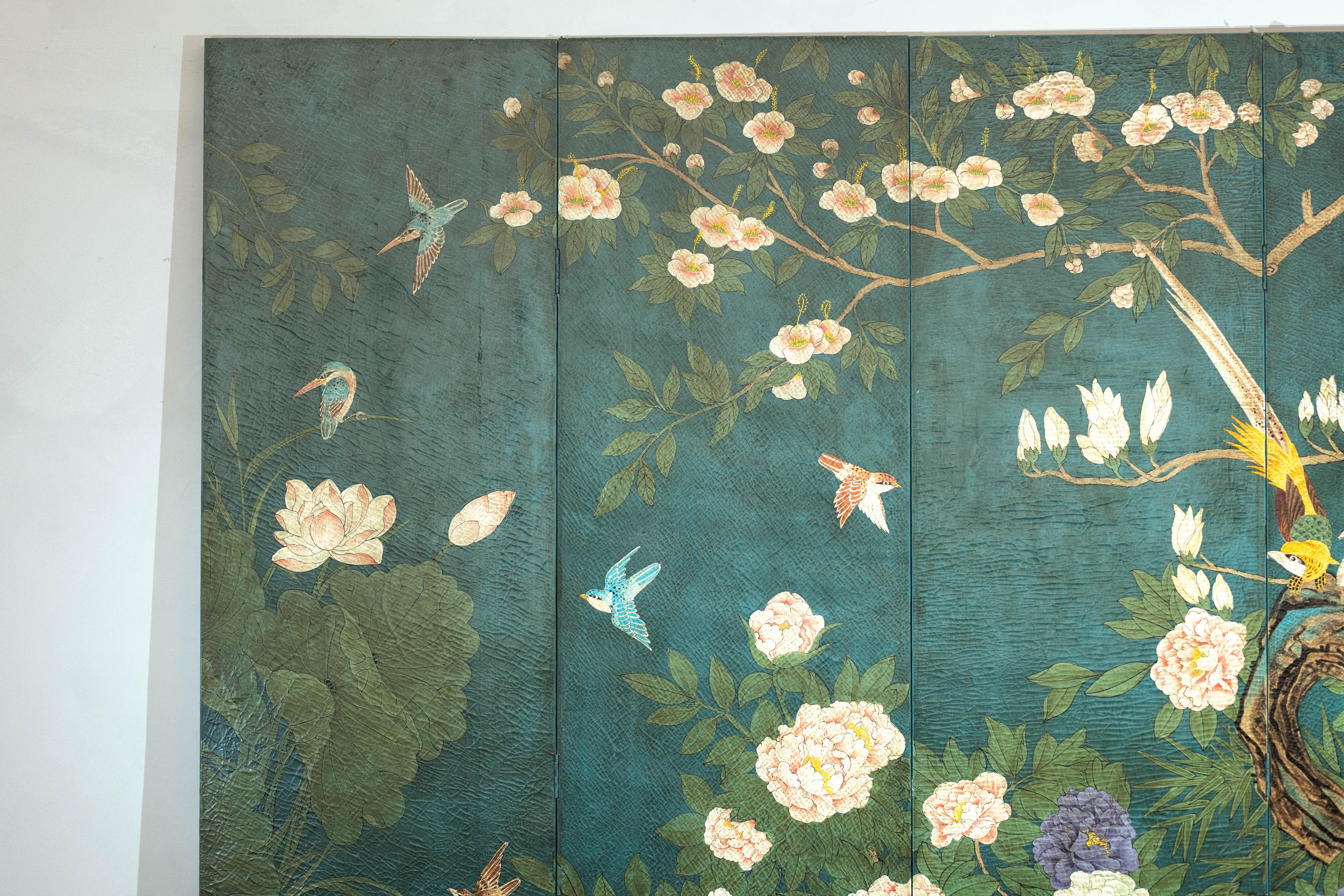 20th Century Green Lacquered Screen Room Divider with Hand-Painted Birds and Peonies
